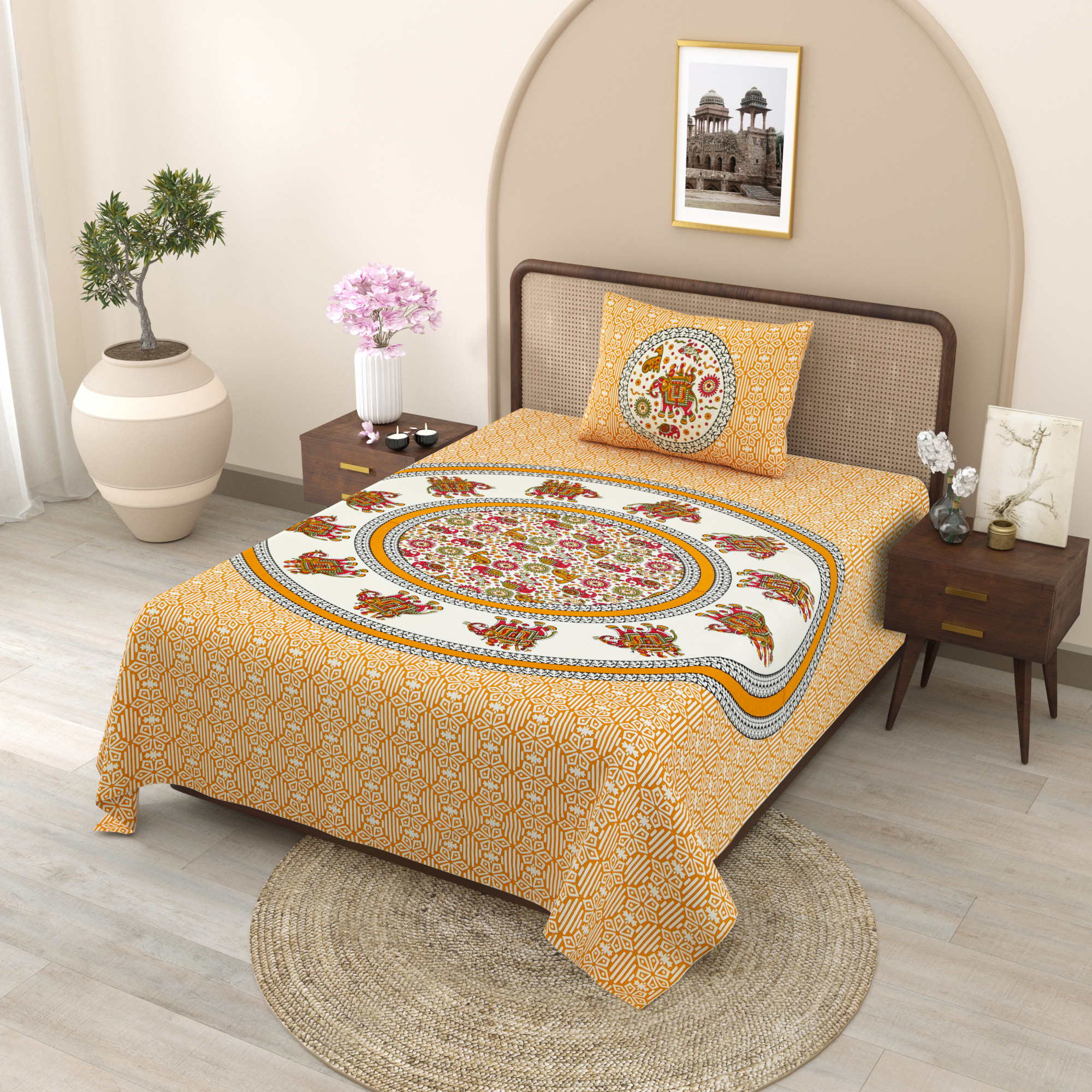 Yellow Royal Elephant Pattern 210 TC Pure Cotton Single Bedsheet with 1 Pillow Cover