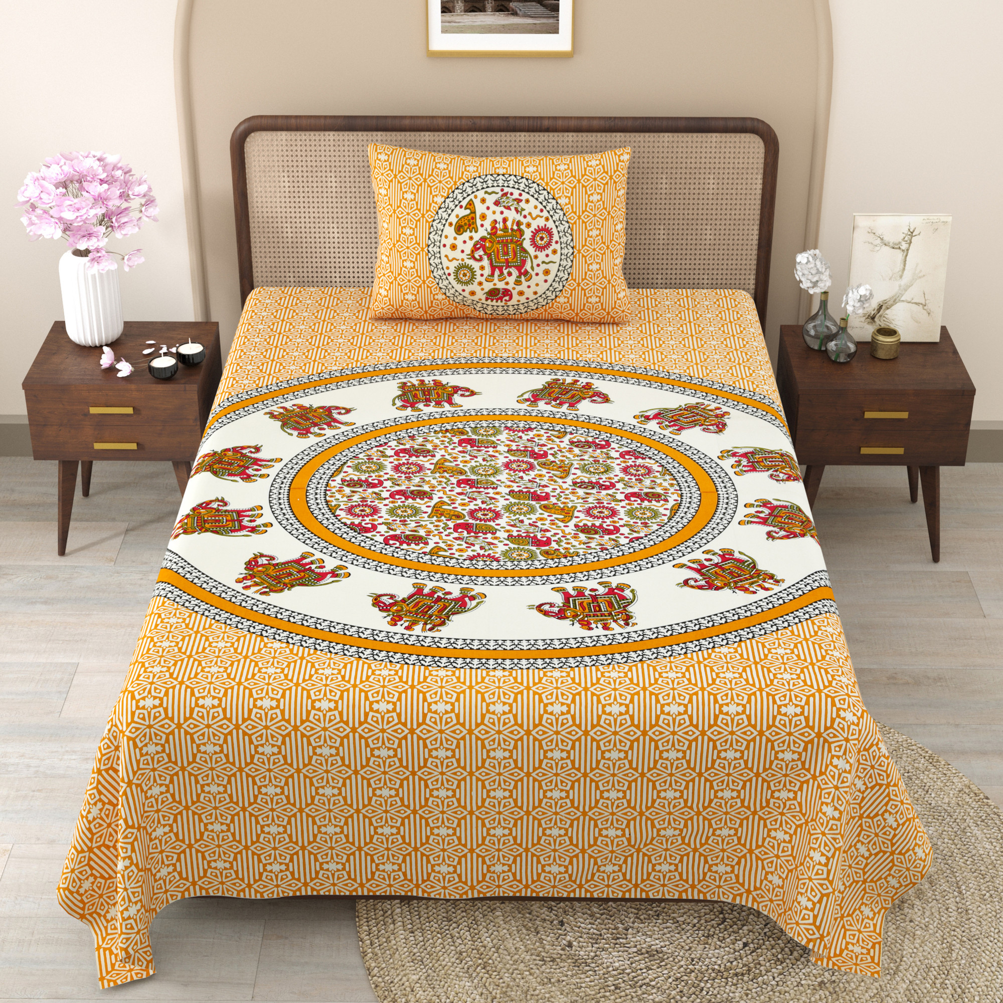 Yellow Royal Elephant Pattern 210 TC Pure Cotton Single Bedsheet with 1 Pillow Cover