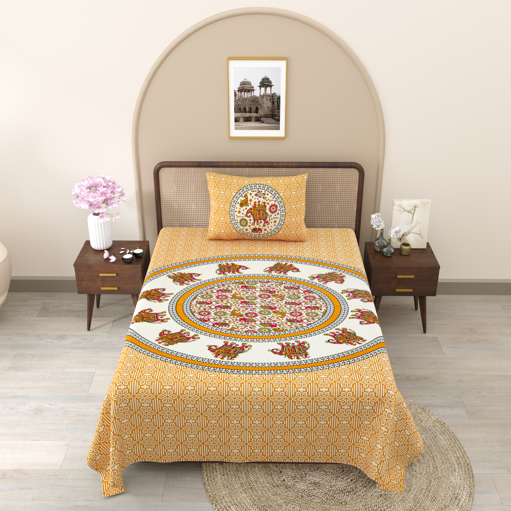 Yellow Royal Elephant Pattern 210 TC Pure Cotton Single Bedsheet with 1 Pillow Cover