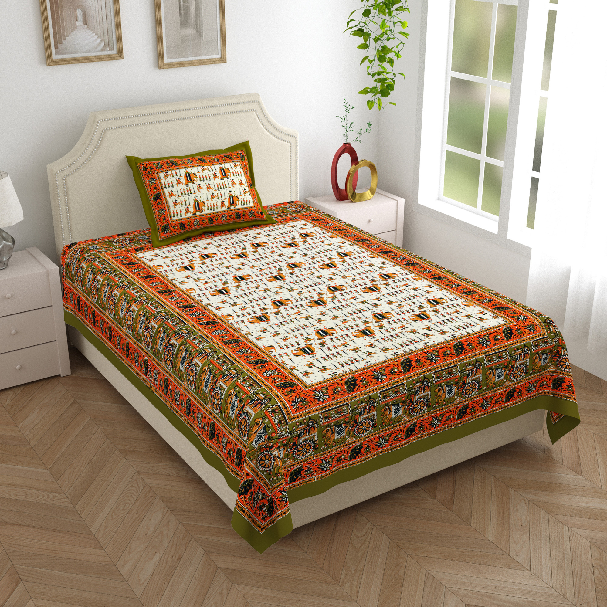 Green Rajasthani Traditional 210 TC Pure Cotton Single Bedsheet with 1 Pillow Cover