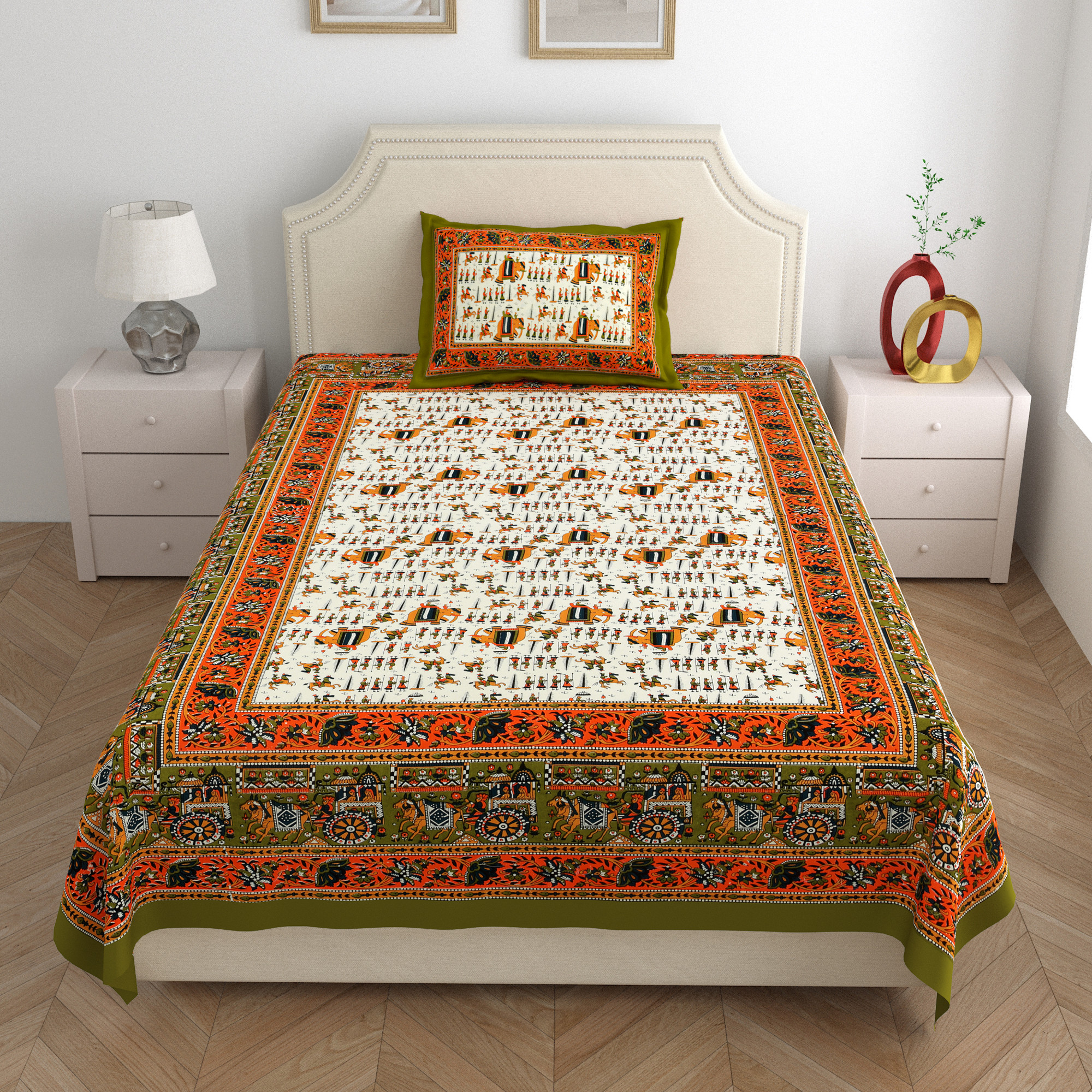 Green Rajasthani Traditional 210 TC Pure Cotton Single Bedsheet with 1 Pillow Cover