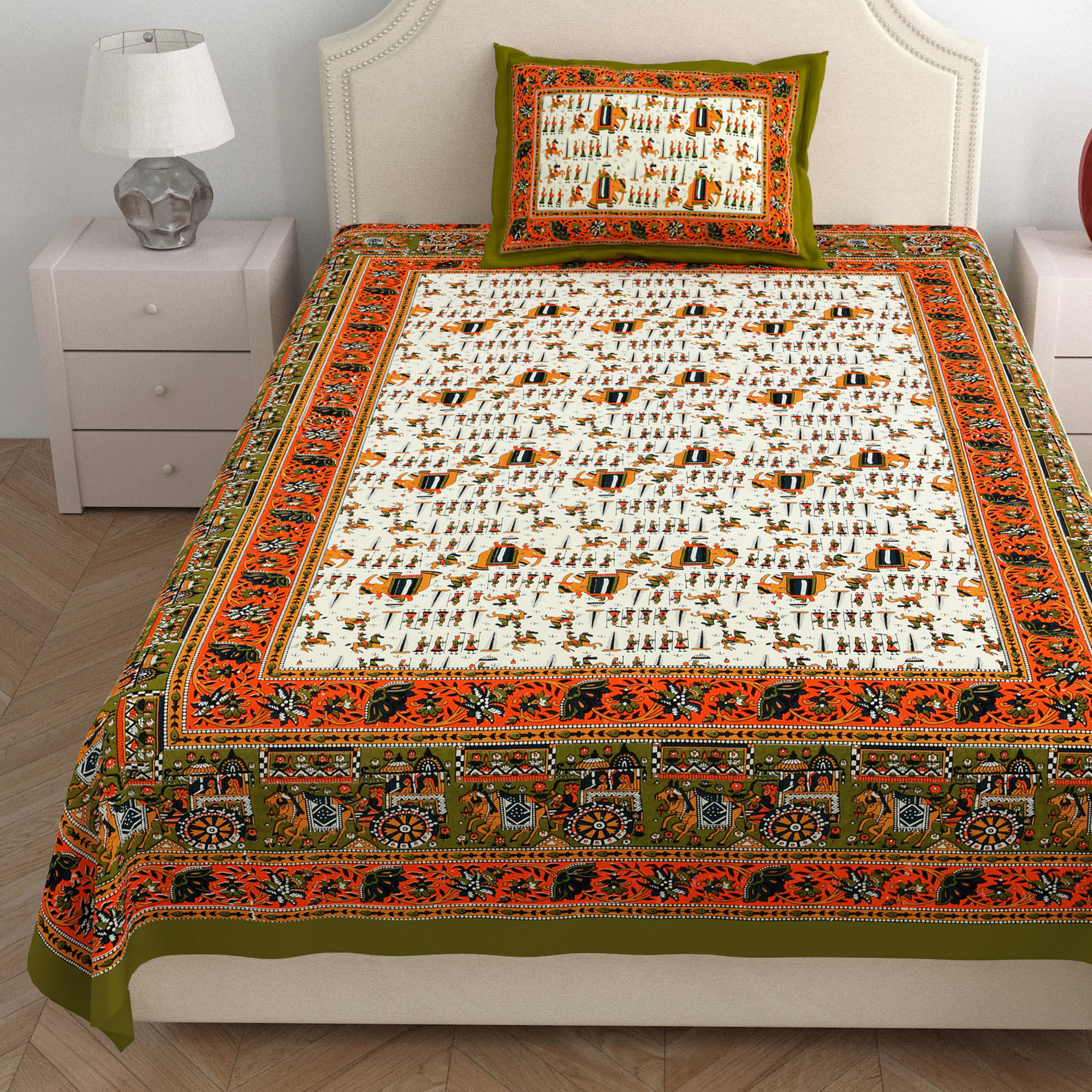 Green Rajasthani Traditional 210 TC Pure Cotton Single Bedsheet with 1 Pillow Cover