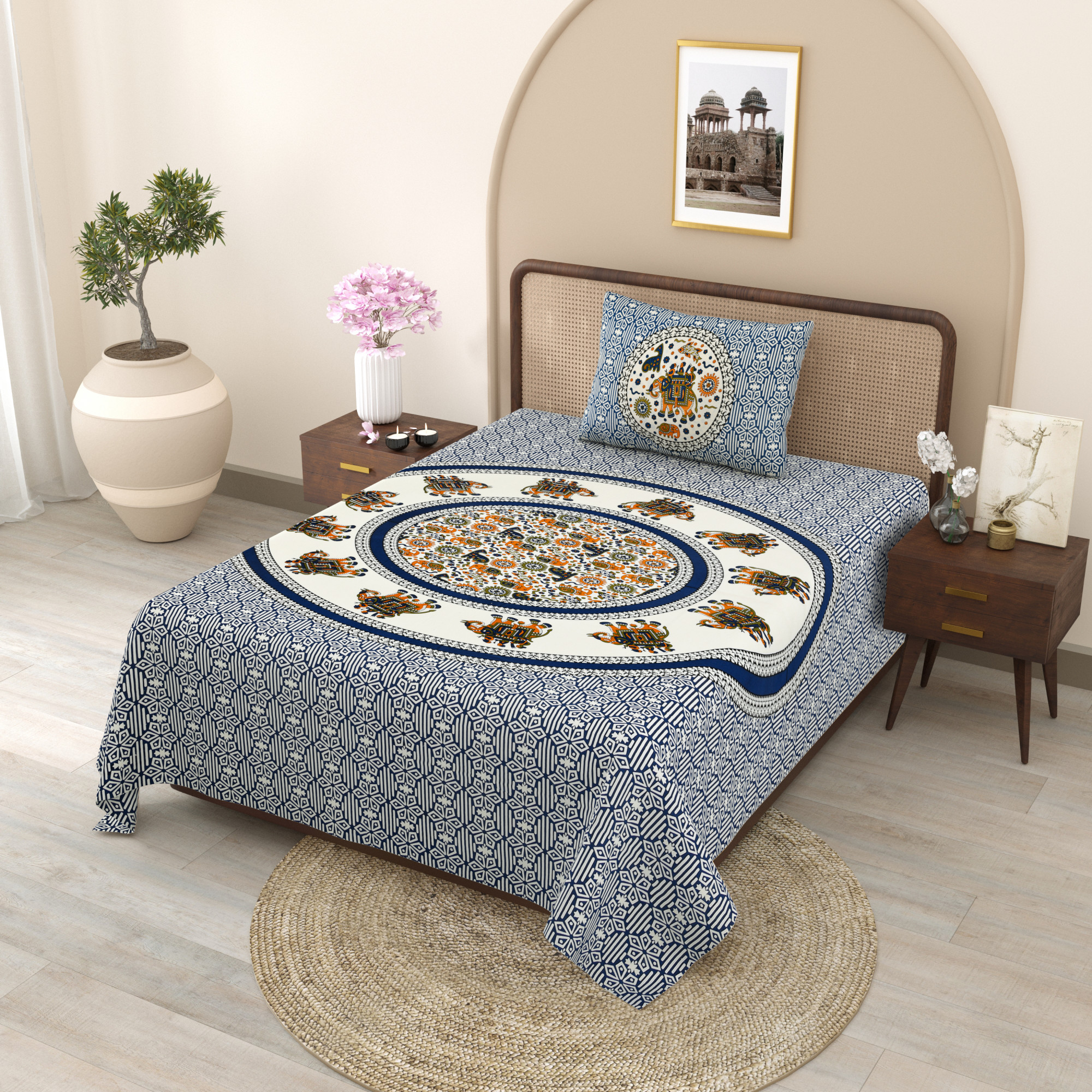 Blue Royal Elephant Pattern 210 TC Pure Cotton Single Bedsheet with 1 Pillow Cover
