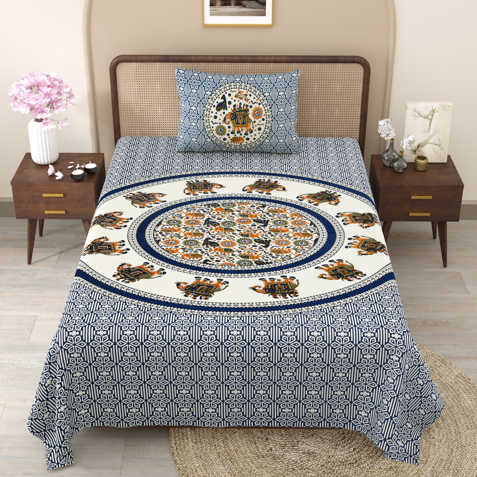 Blue Royal Elephant Pattern 210 TC Pure Cotton Single Bedsheet with 1 Pillow Cover