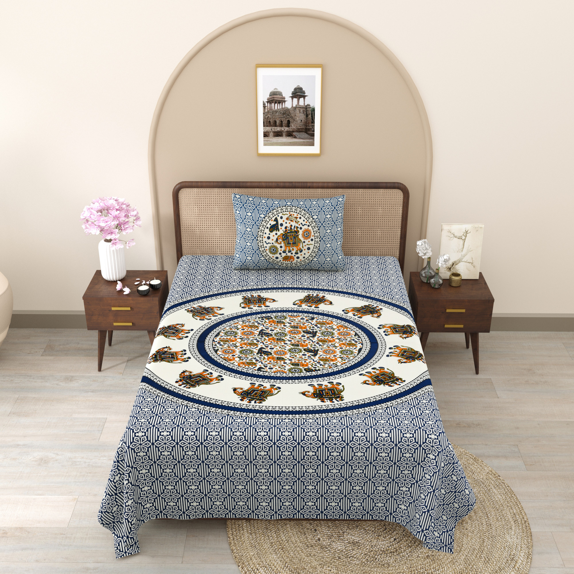 Blue Royal Elephant Pattern 210 TC Pure Cotton Single Bedsheet with 1 Pillow Cover