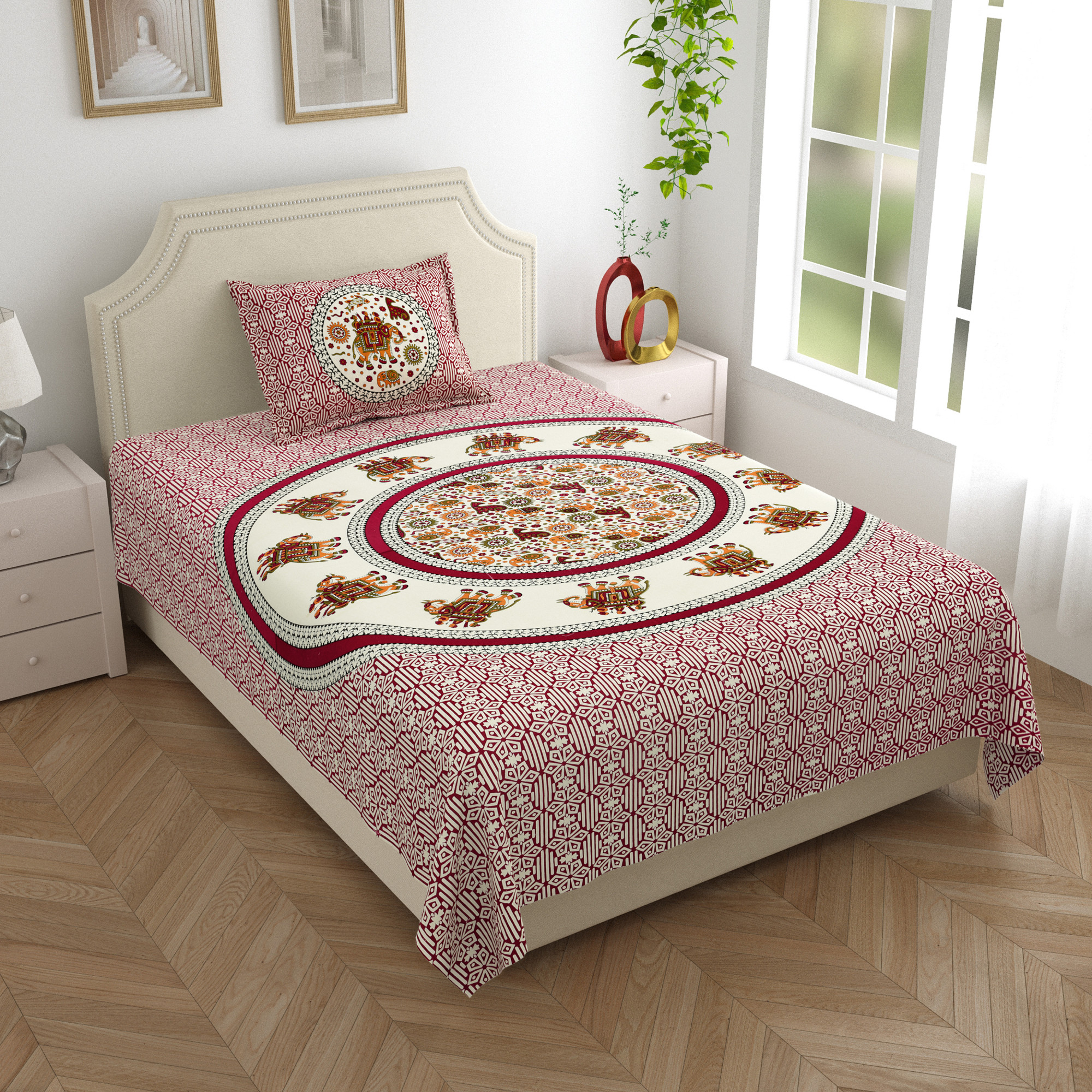 Maroon White Printed 210 TC Pure Cotton Single Bedsheet with 1 Pillow Cover