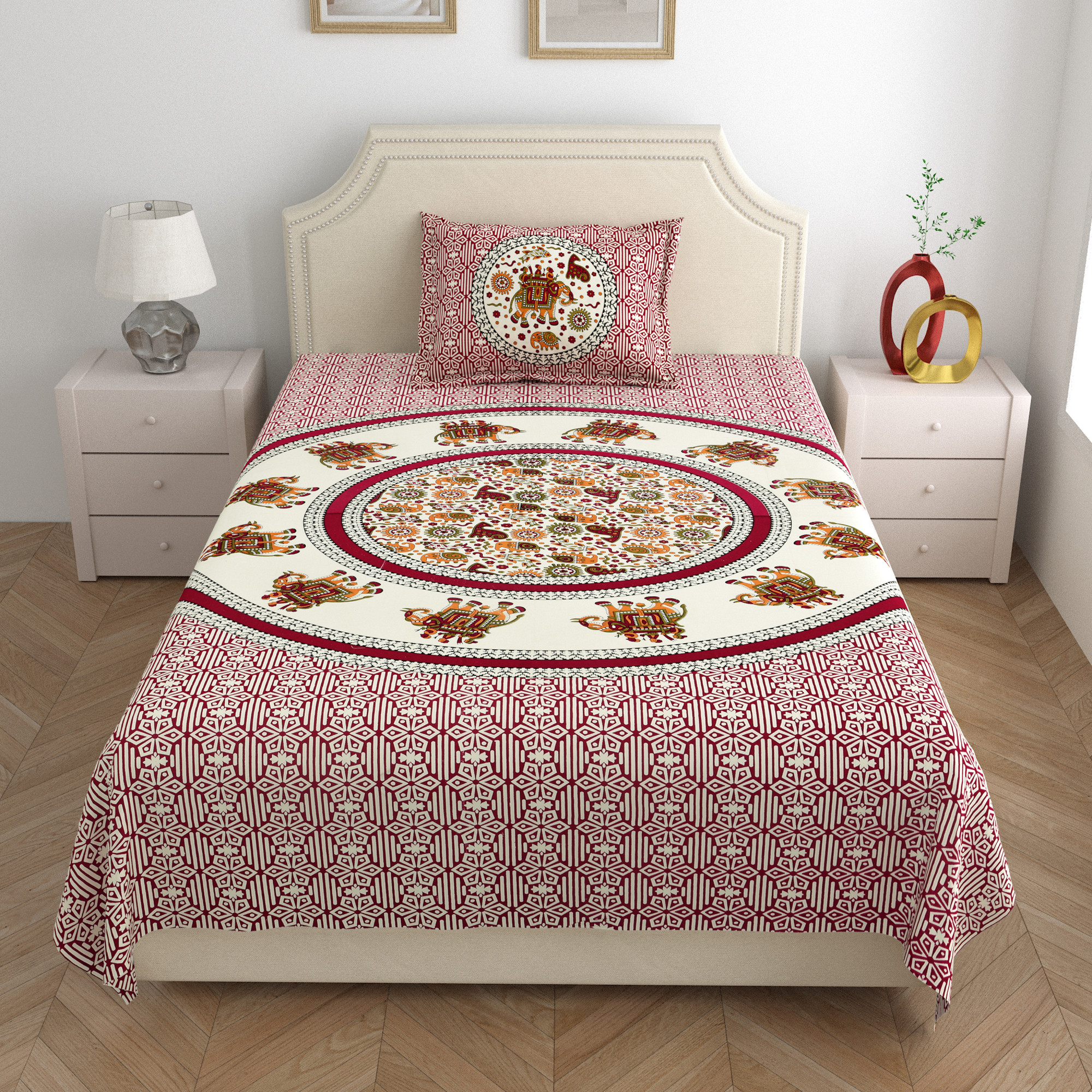 Maroon White Printed 210 TC Pure Cotton Single Bedsheet with 1 Pillow Cover