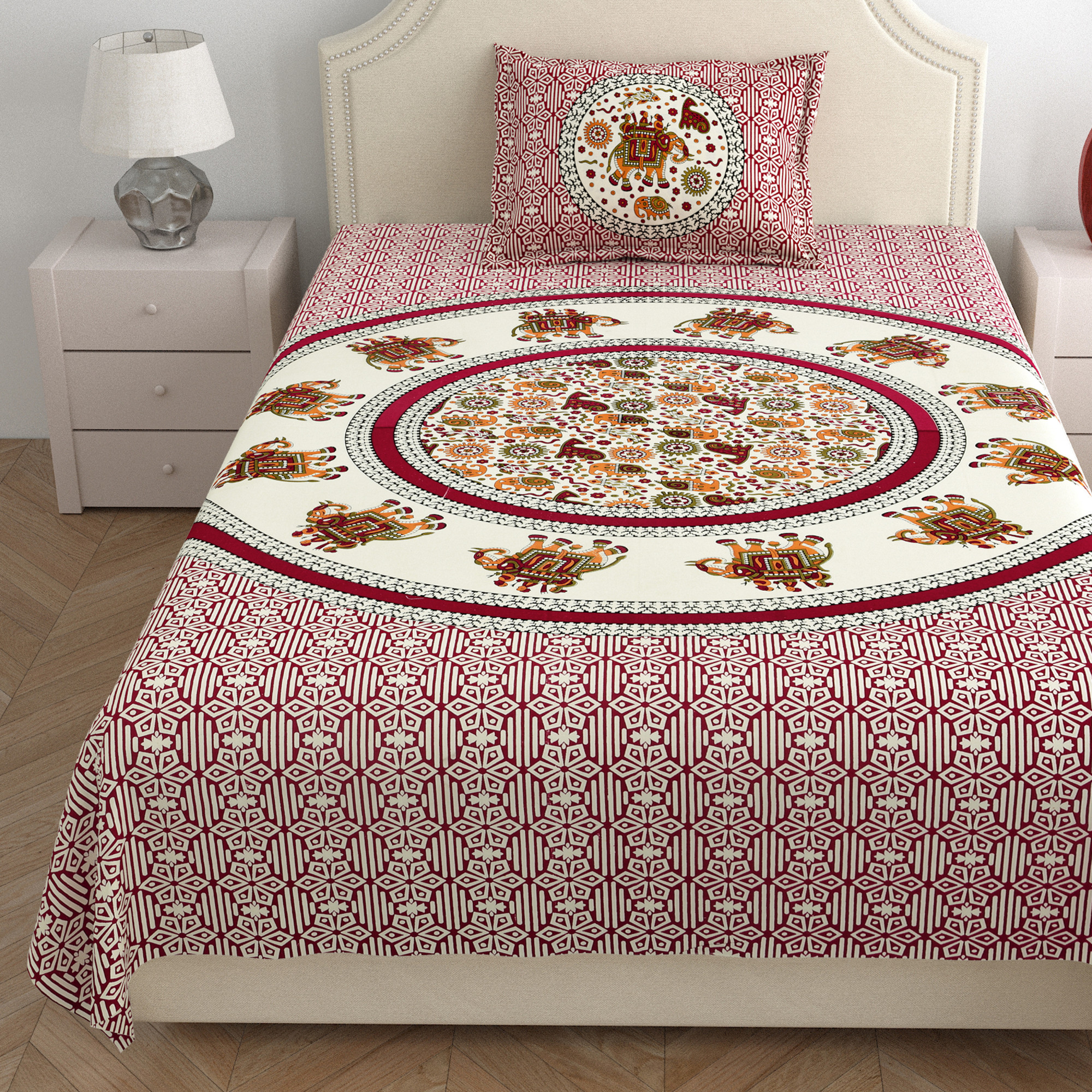 Maroon White Printed 210 TC Pure Cotton Single Bedsheet with 1 Pillow Cover