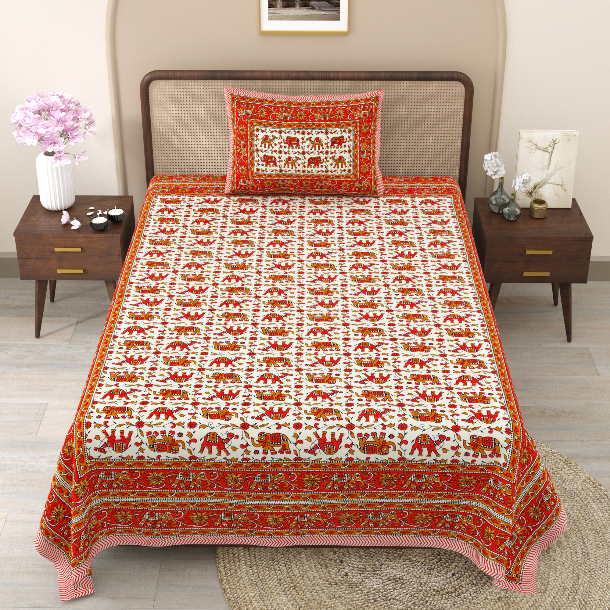 Camel Elephant Printed 210 TC Pure Cotton Single Bedsheet with 1 Pillow Cover