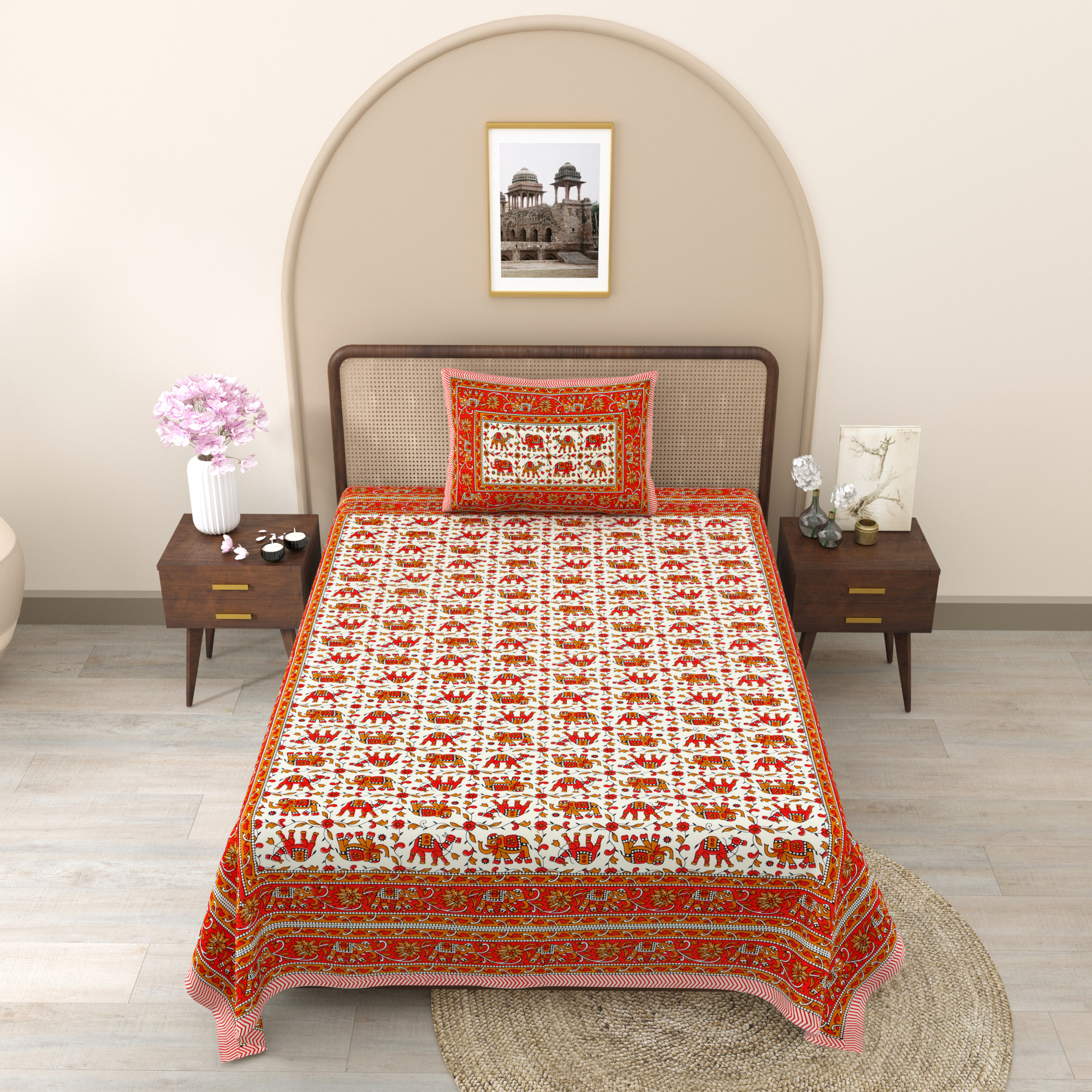 Camel  Elephant Printed  210 TC Pure Cotton Single Bedsheet with 1 Pillow Cover