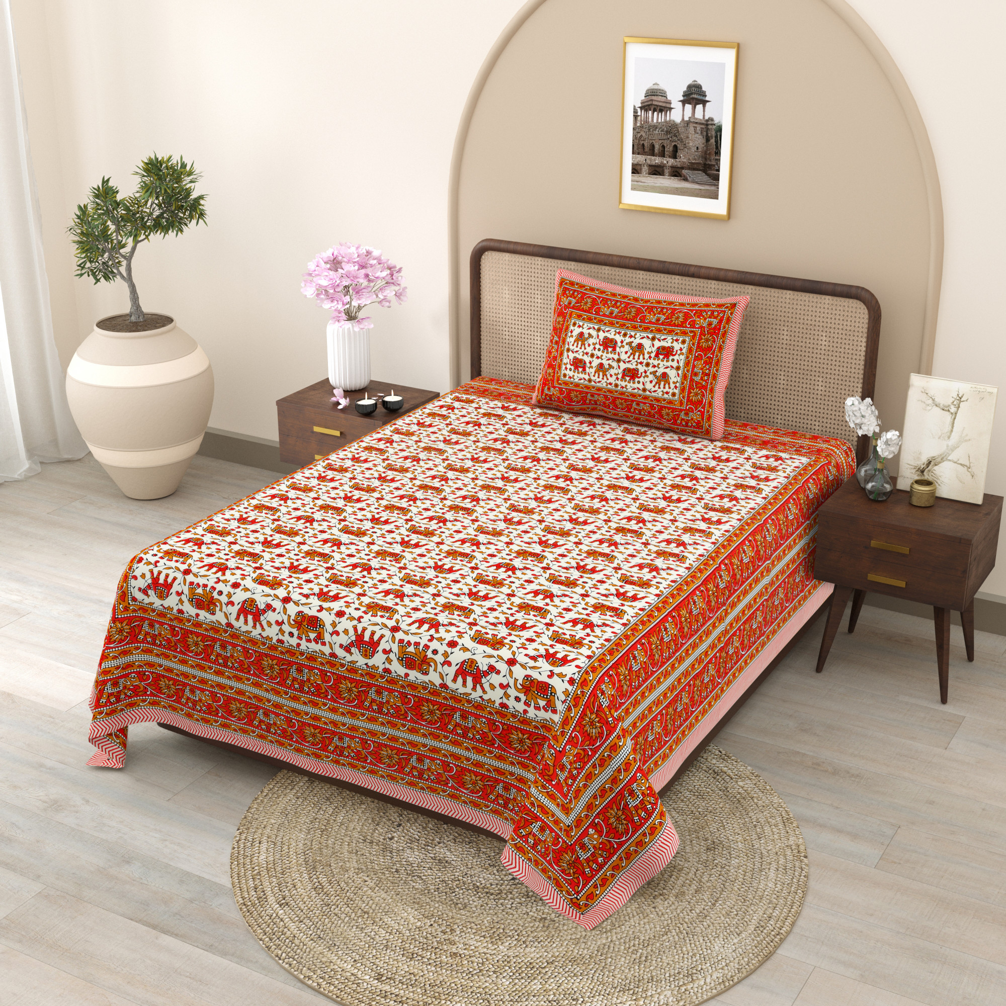Camel Elephant Printed 210 TC Pure Cotton Single Bedsheet with 1 Pillow Cover