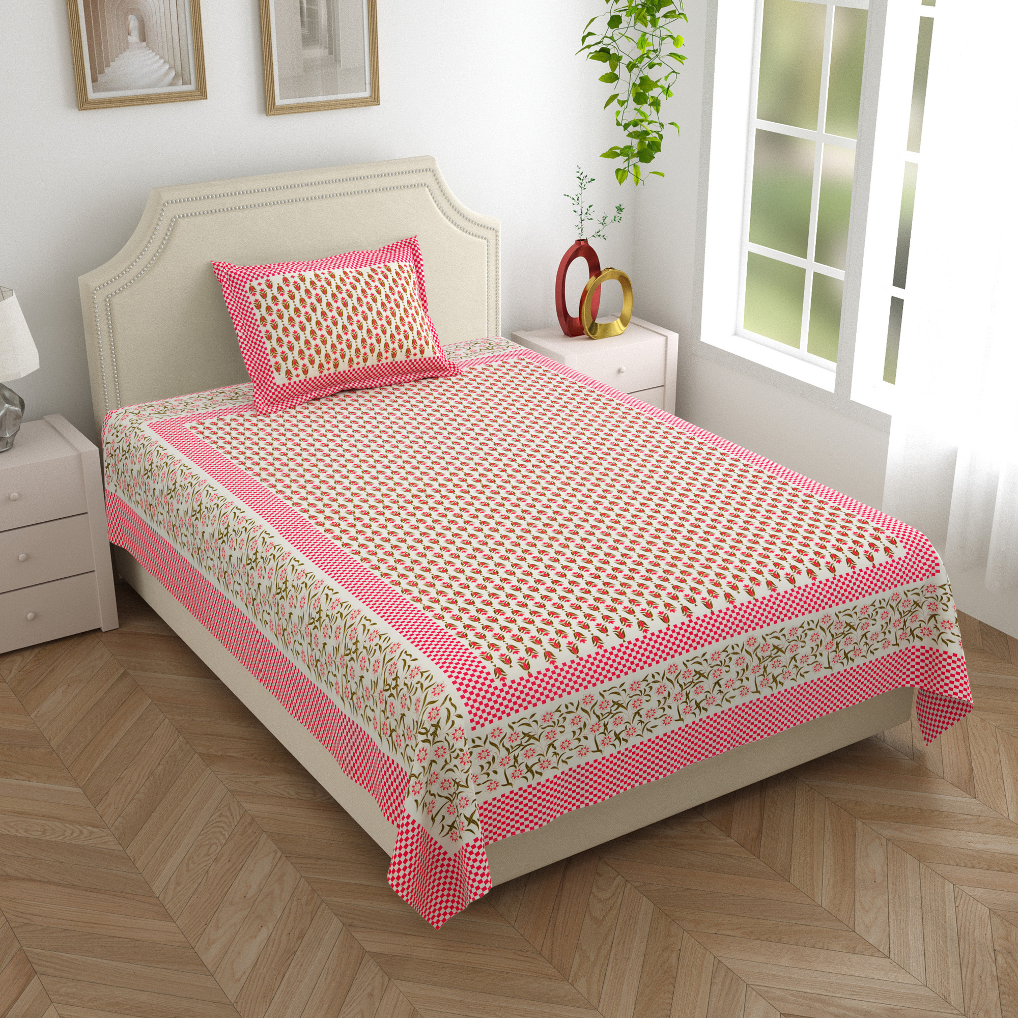 Pink Green Floral 210 TC Pure Cotton Single Bedsheet with 1 Pillow Cover