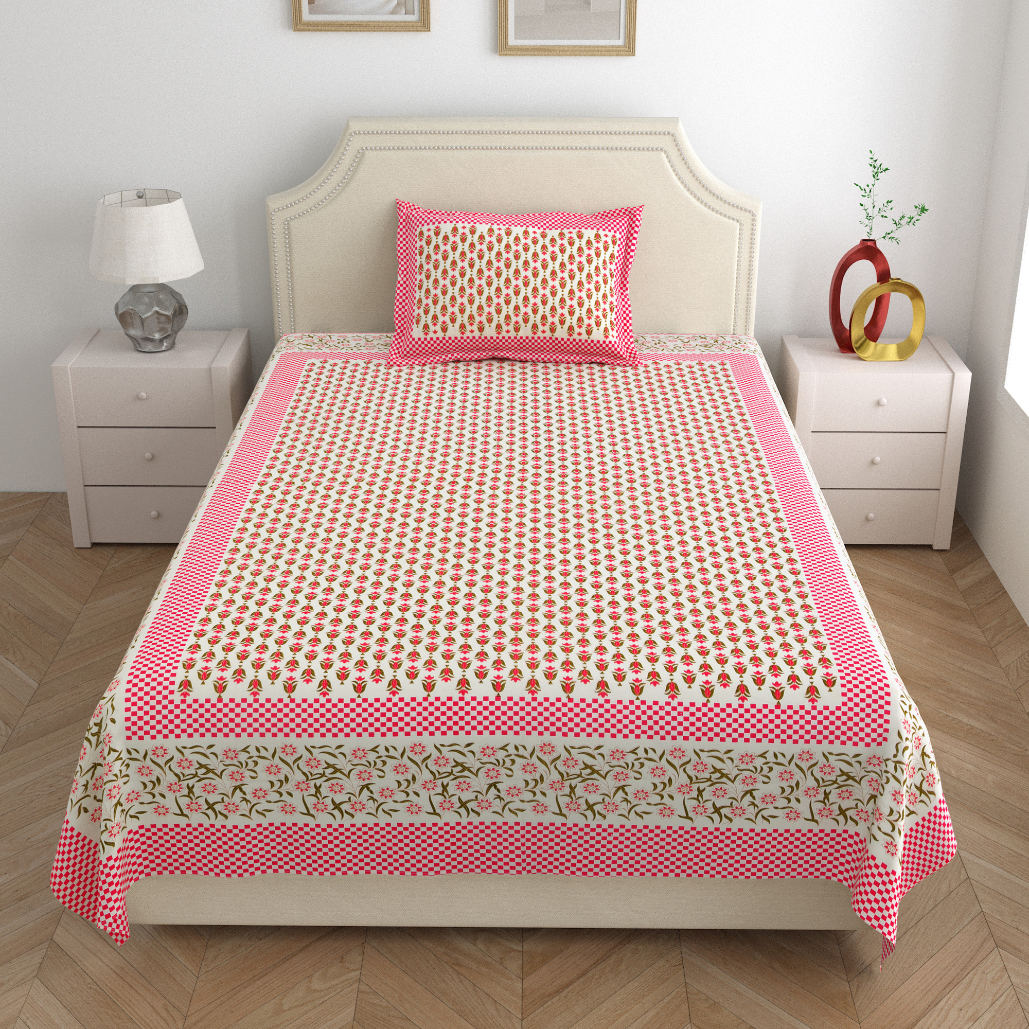 Pink Green Floral 210 TC Pure Cotton Single Bedsheet with 1 Pillow Cover