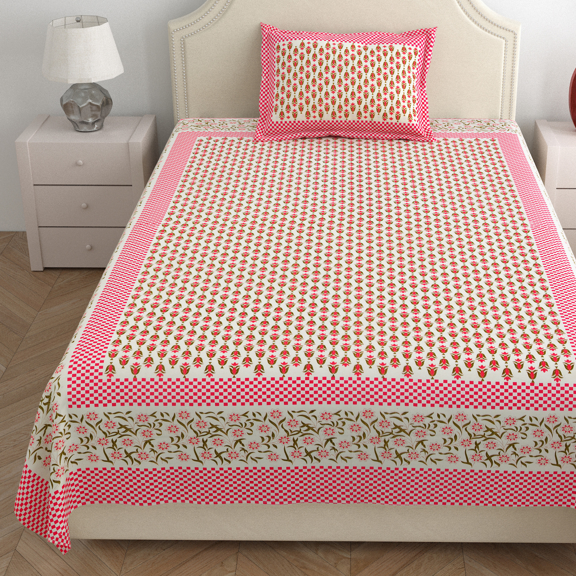 Pink Green Floral 210 TC Pure Cotton Single Bedsheet with 1 Pillow Cover