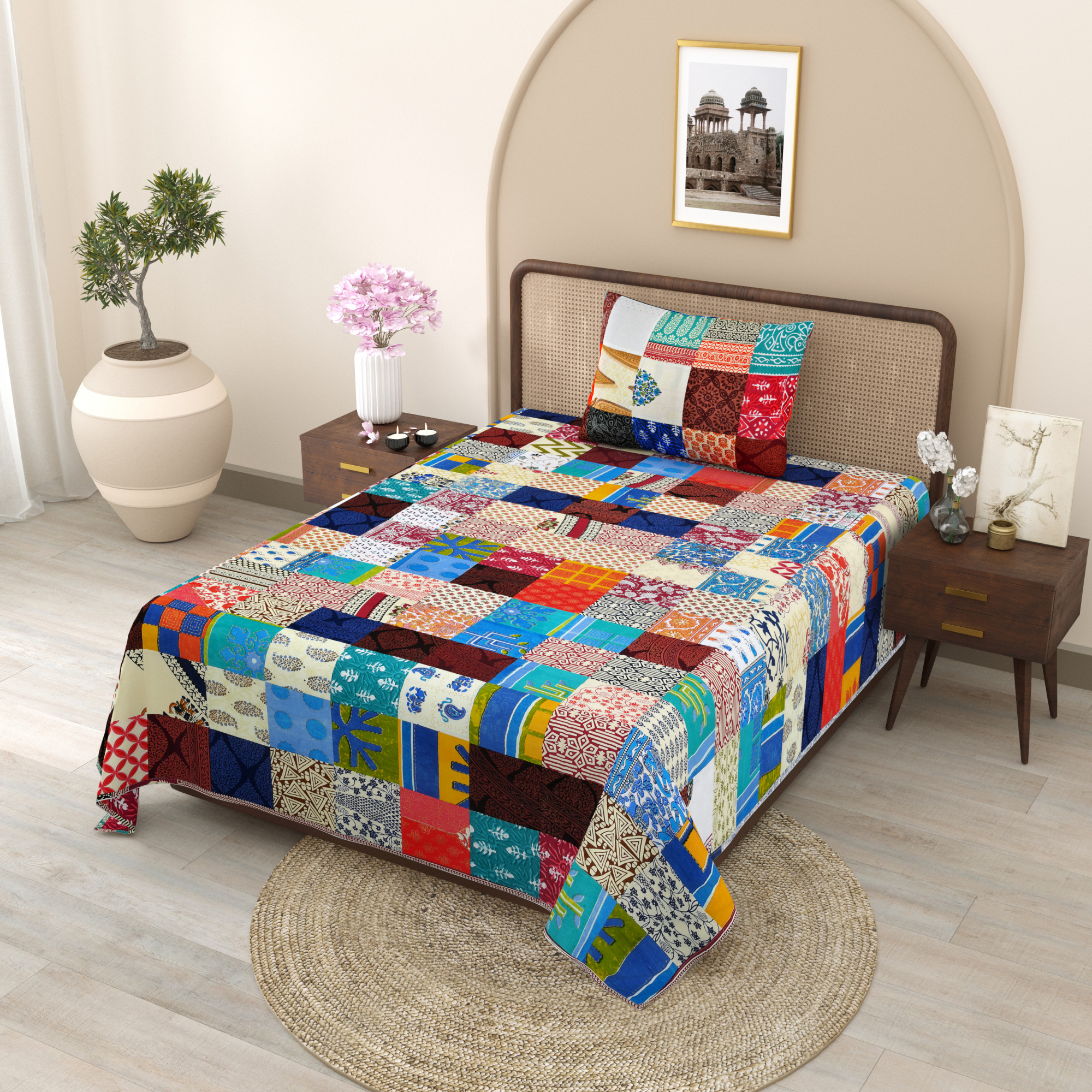 Satrangi Patchwork 210 Pure Cotton Single Bedsheet with 1 Pillow Cover