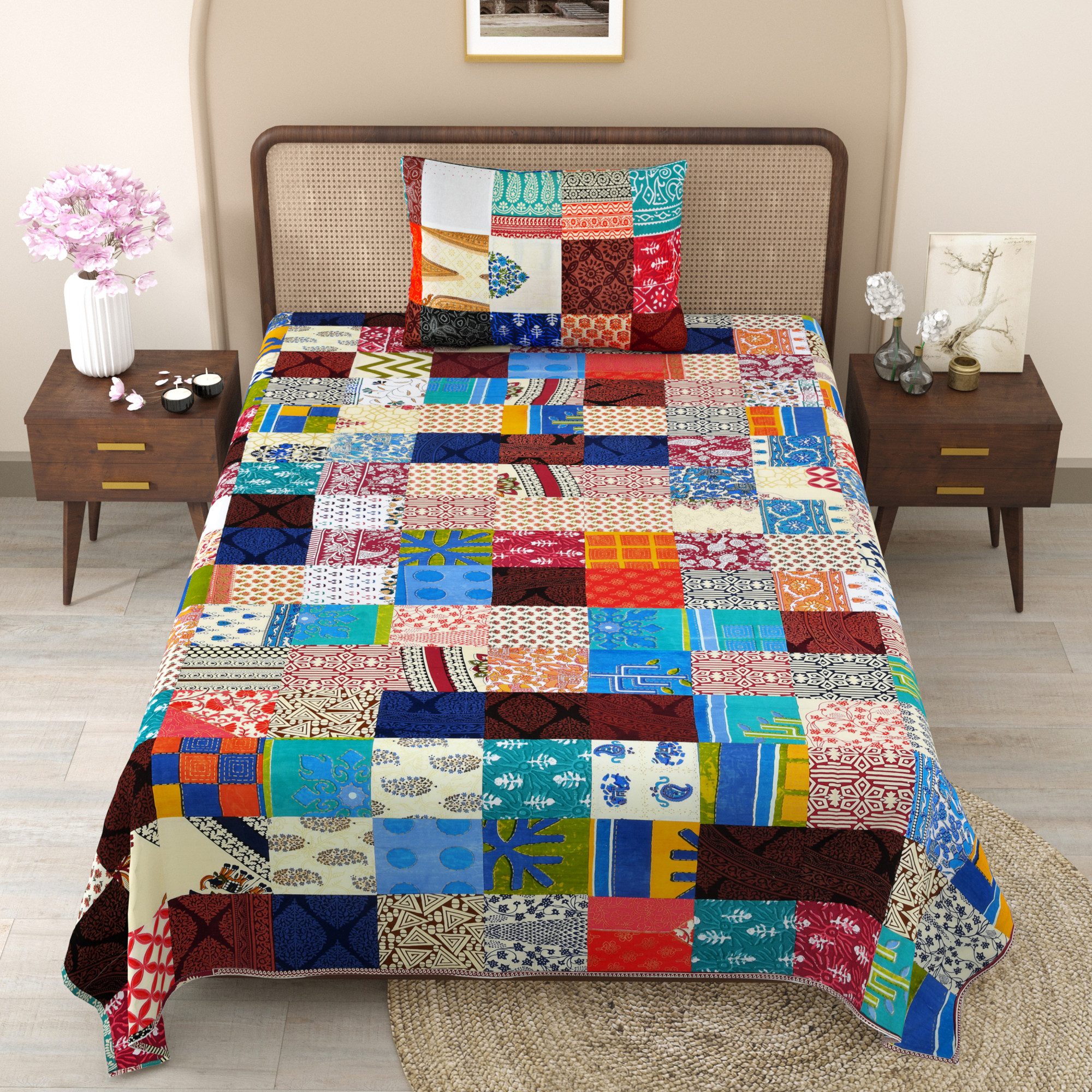 Satrangi Patchwork 210 Pure Cotton Single Bedsheet with 1 Pillow Cover