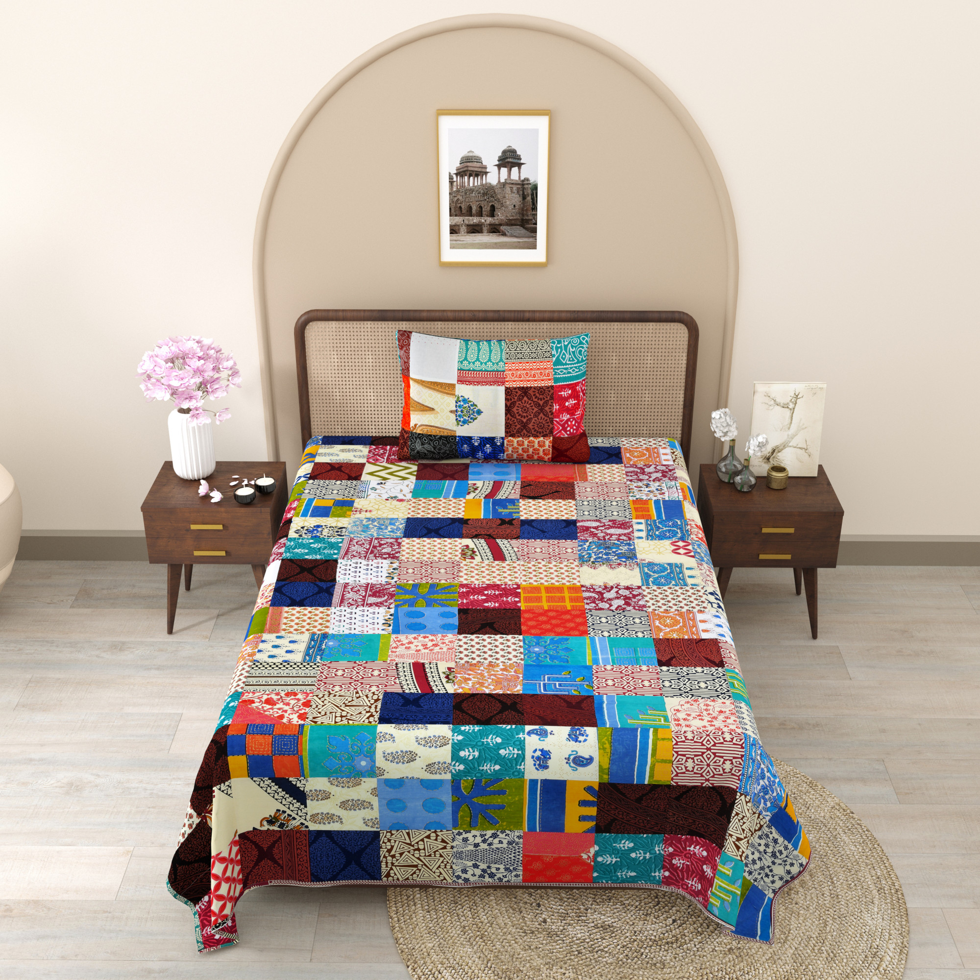 Satrangi Patchwork 210 Pure Cotton Single Bedsheet with 1 Pillow Cover