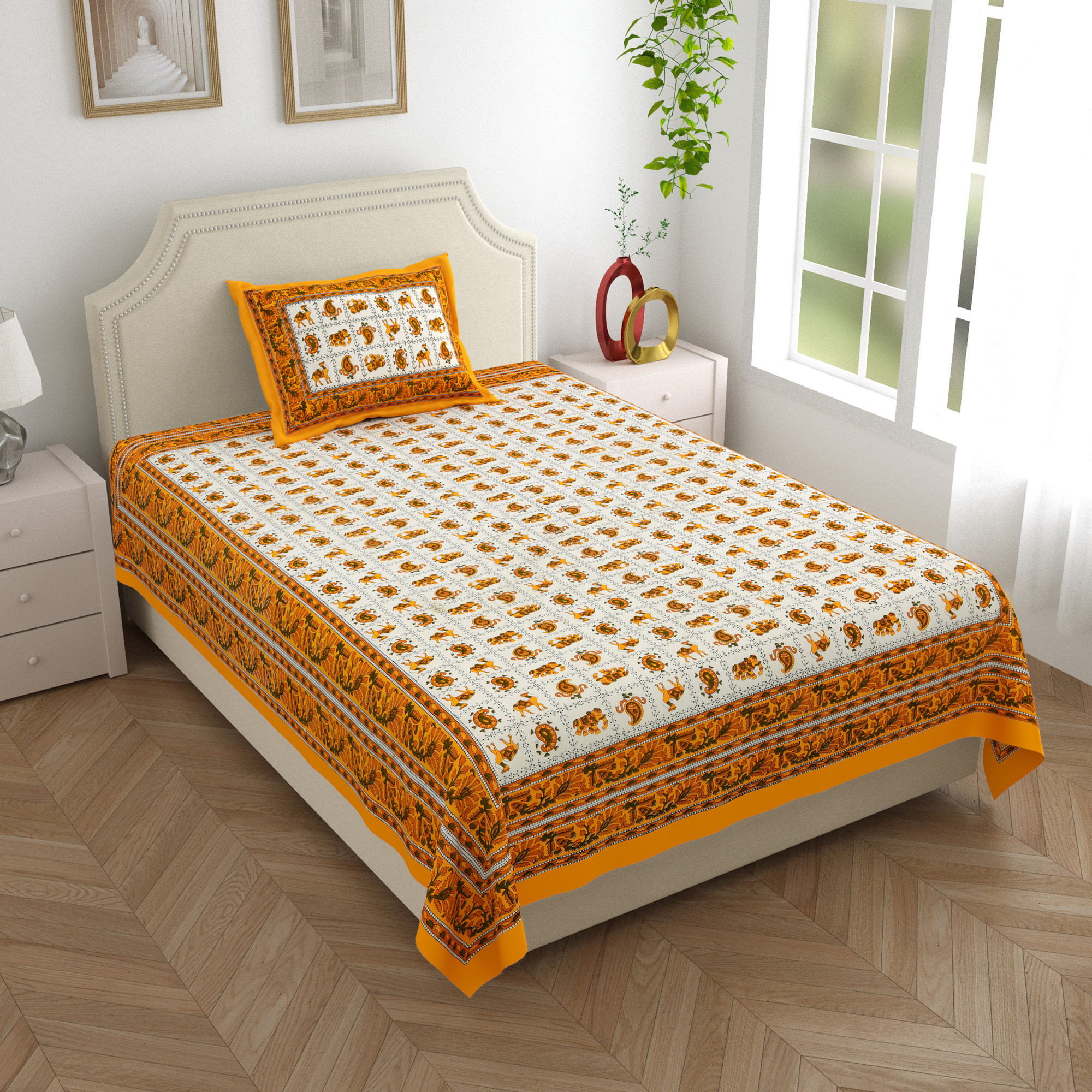 Pink Green Floral 210 TC Pure Cotton Single Bedsheet with 1 Pillow Cover