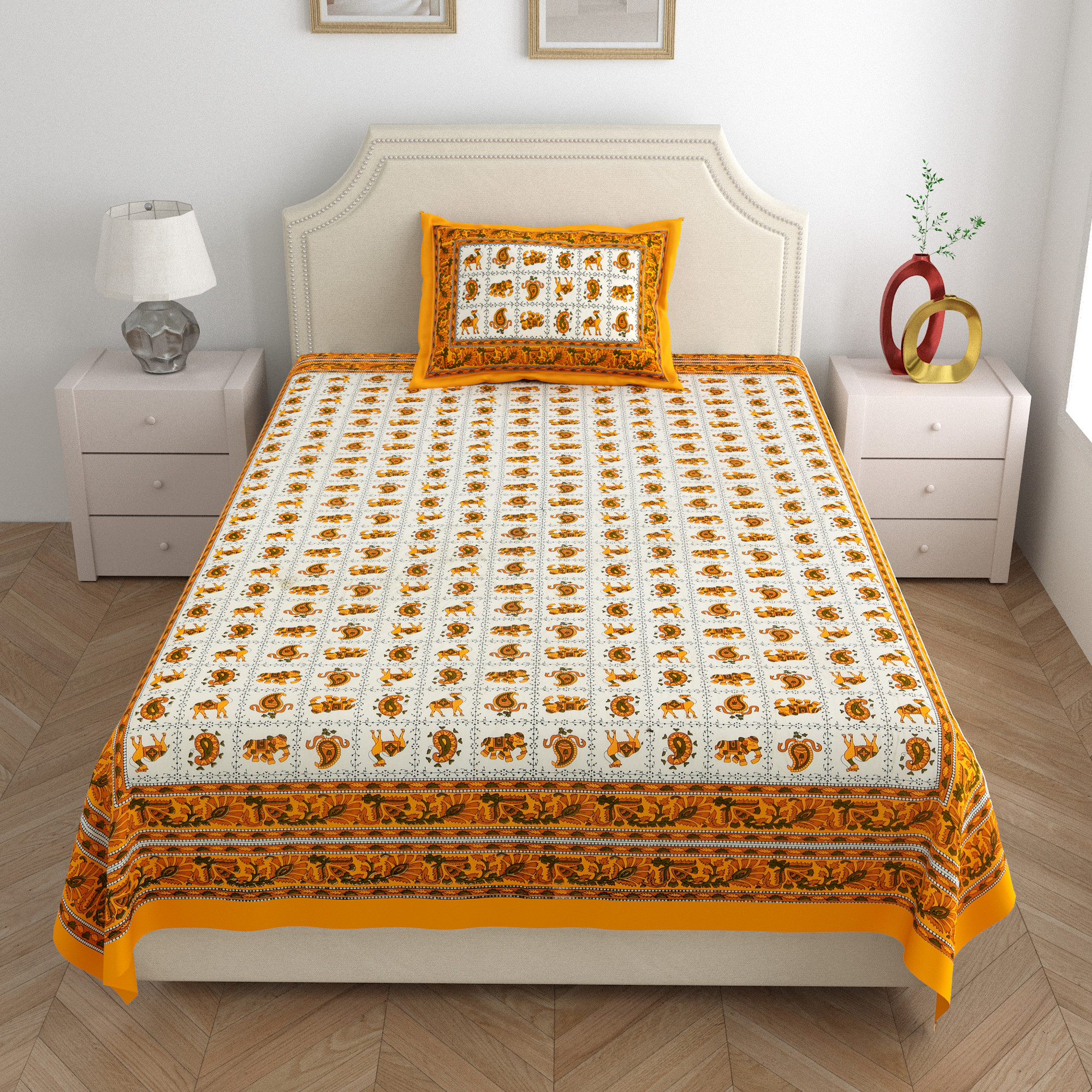 Pink Green Floral 210 TC Pure Cotton Single Bedsheet with 1 Pillow Cover