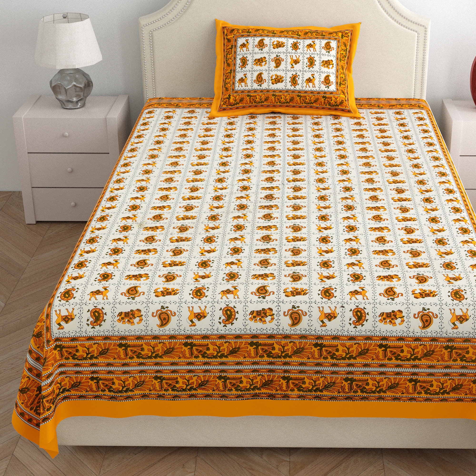 Pink Green Floral 210 TC Pure Cotton Single Bedsheet with 1 Pillow Cover