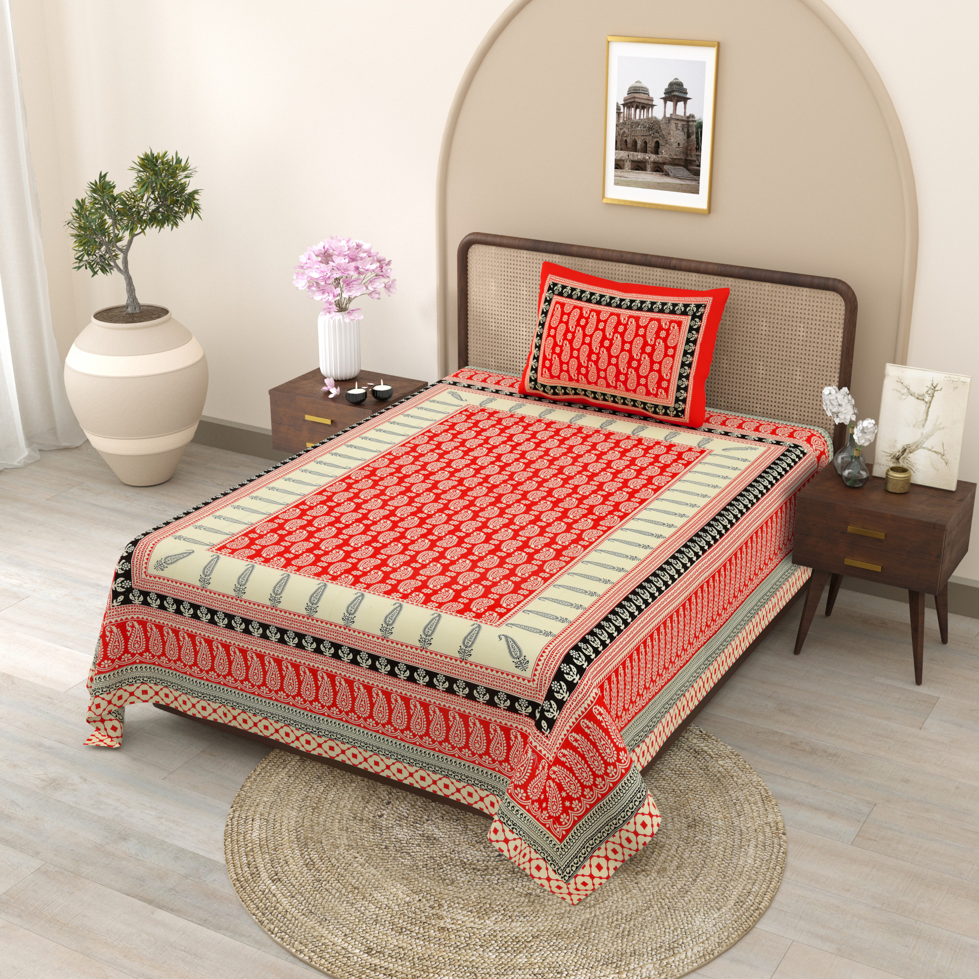 Pink Paisley 210 TC Pure Cotton Single Bedsheet with 1 Pillow Cover