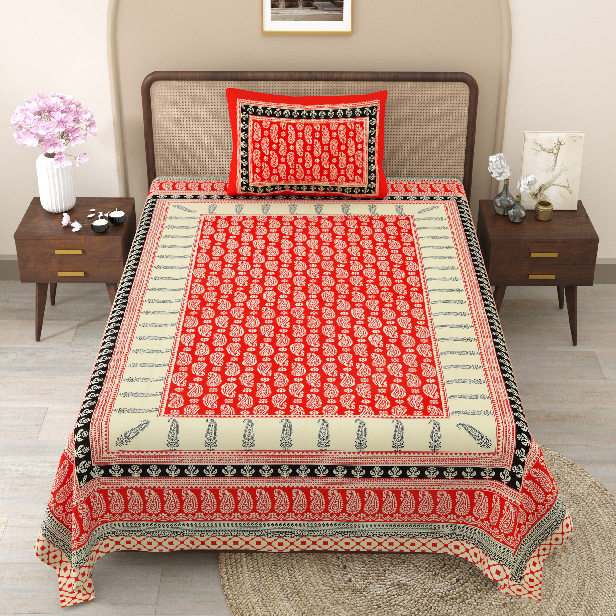 Pink Paisley 210 TC Pure Cotton Single Bedsheet with 1 Pillow Cover