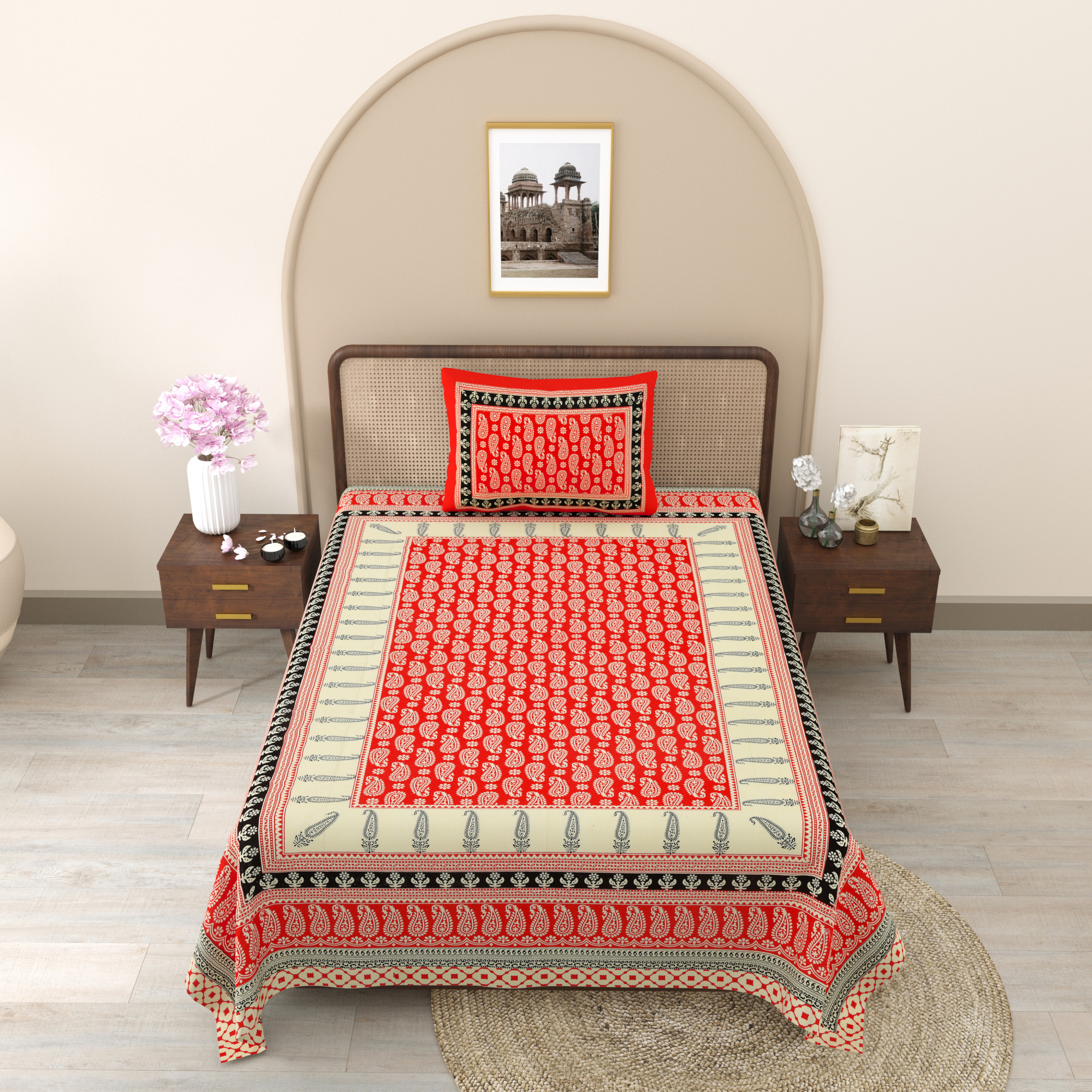 Pink Paisley 210 TC Pure Cotton Single Bedsheet with 1 Pillow Cover