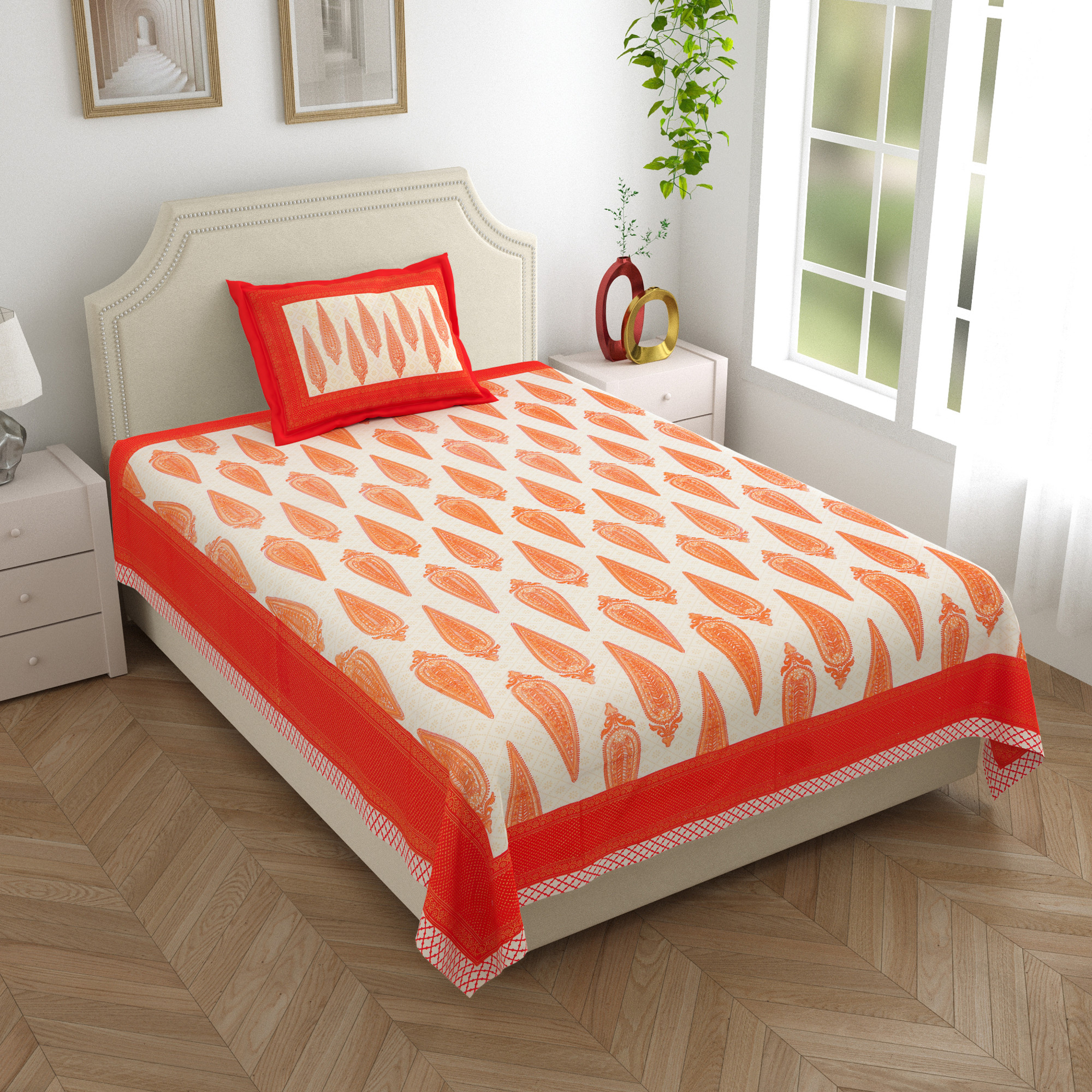 Pink Paisley Gold Work 210 TC Pure Cotton Single Bedsheet with 1 Pillow Cover