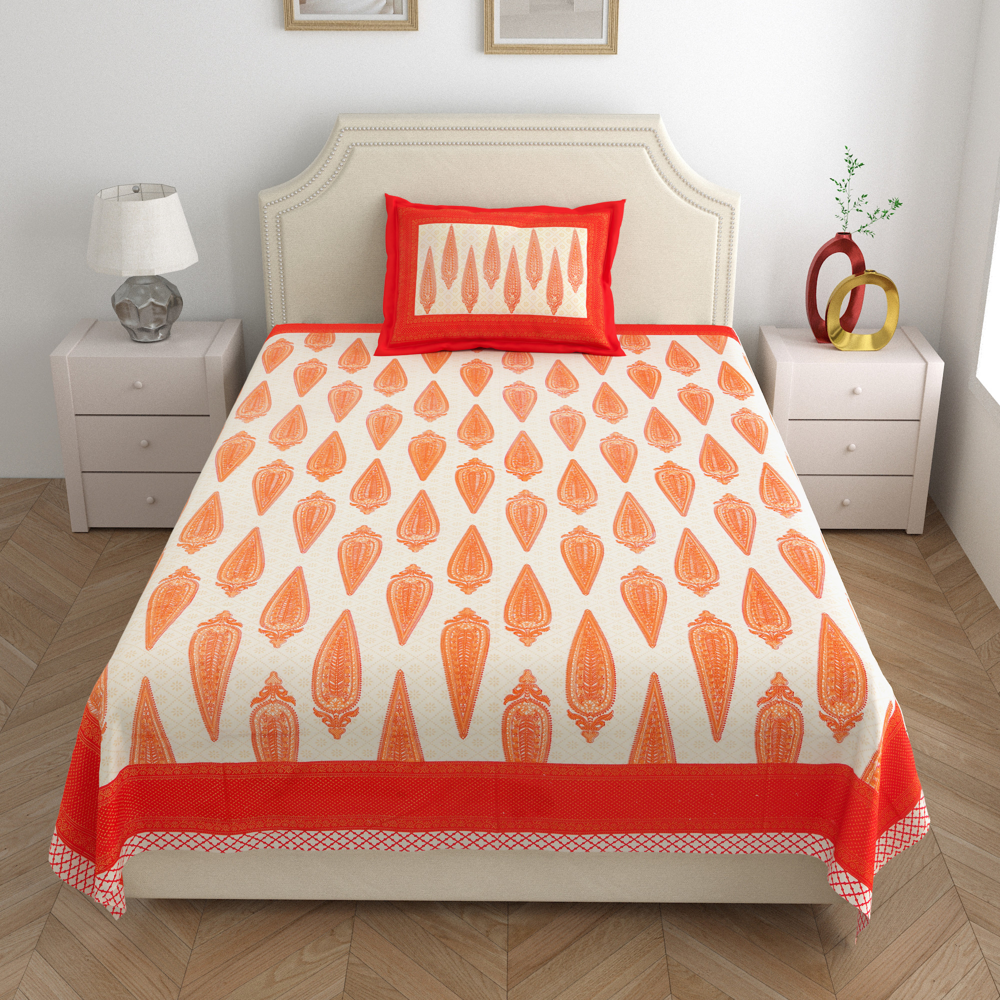 Pink Paisley Gold Work 210 TC Pure Cotton Single Bedsheet with 1 Pillow Cover