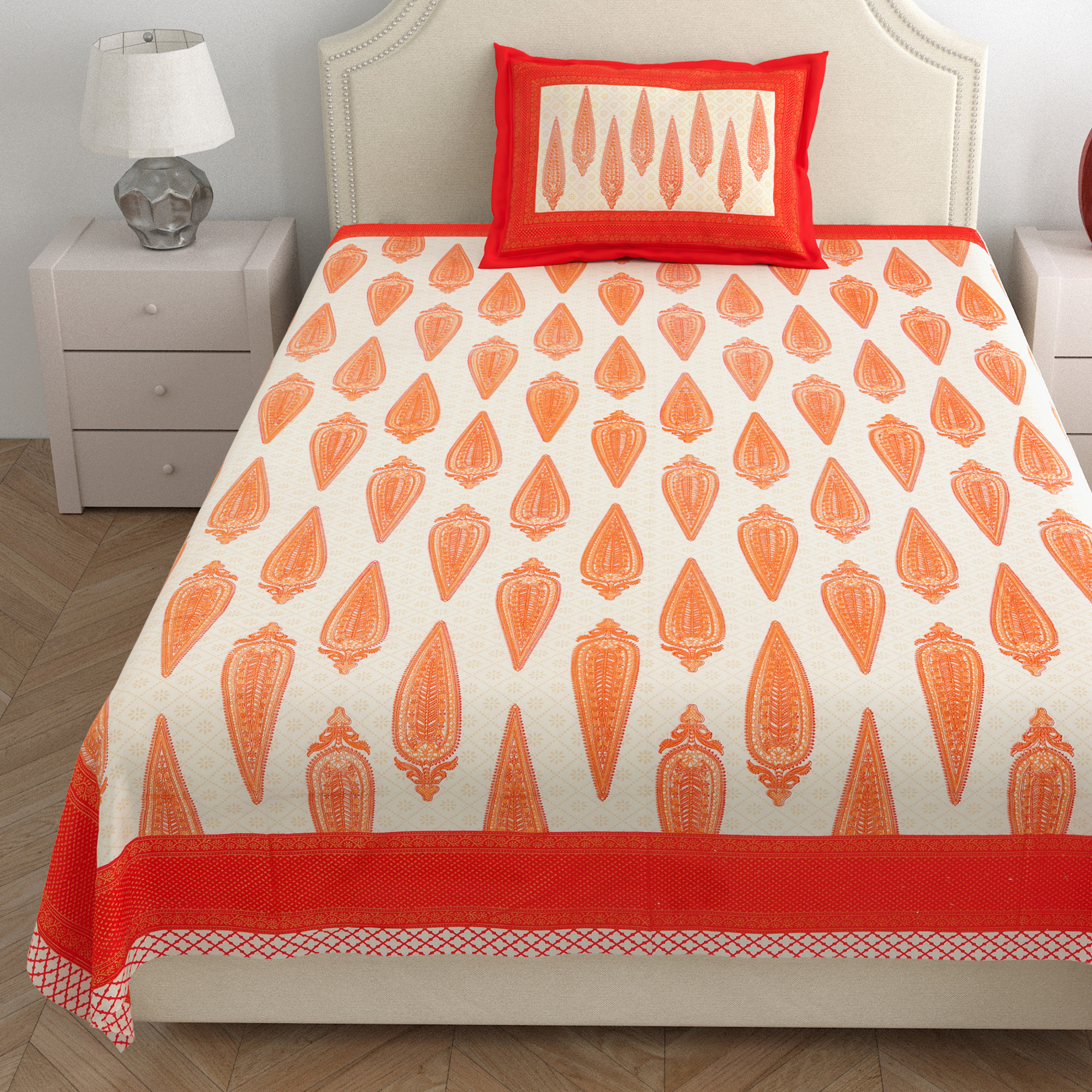 Pink Paisley Gold Work 210 TC Pure Cotton Single Bedsheet with 1 Pillow Cover