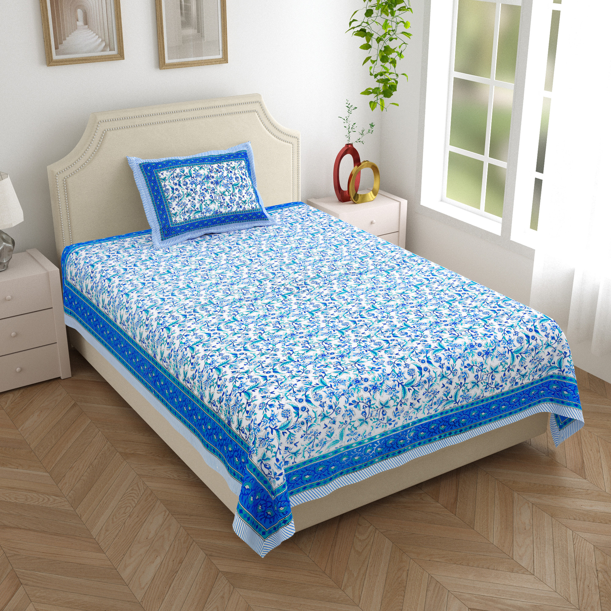 Blue White Floral 210 TC Pure Cotton Single Bedsheet with 1 Pillow Cover