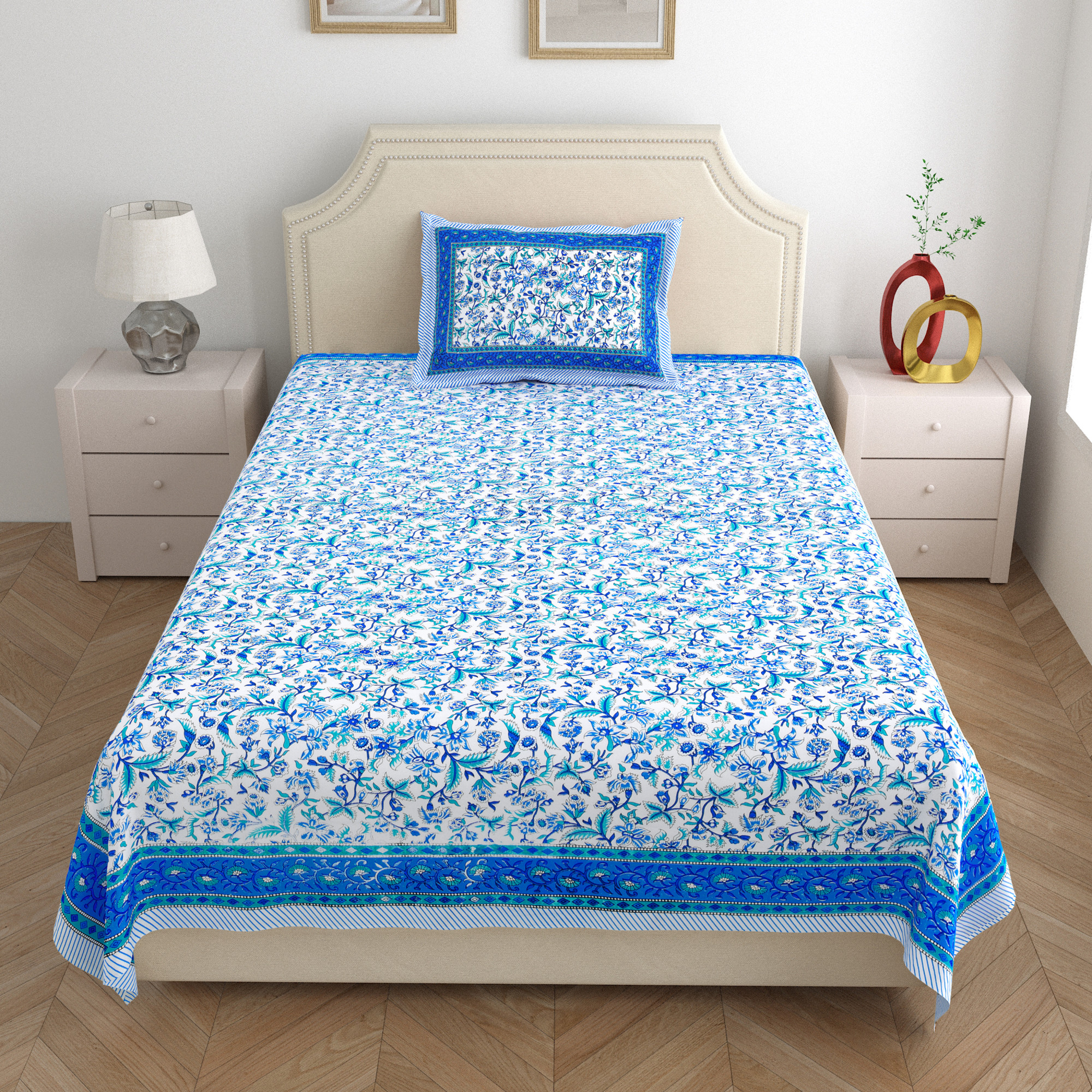 Blue White Floral 210 TC Pure Cotton Single Bedsheet with 1 Pillow Cover