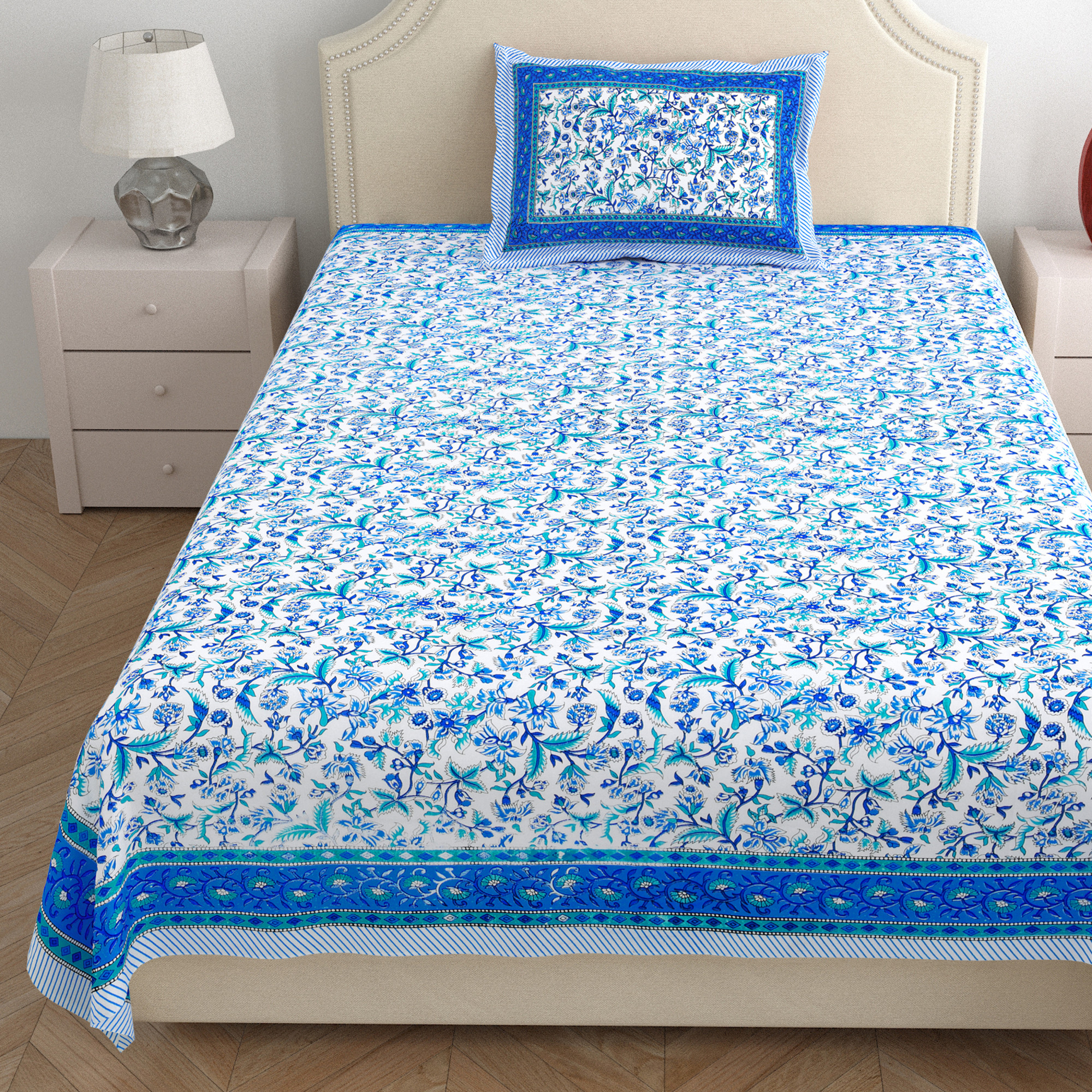 Blue White Floral 210 TC Pure Cotton Single Bedsheet with 1 Pillow Cover