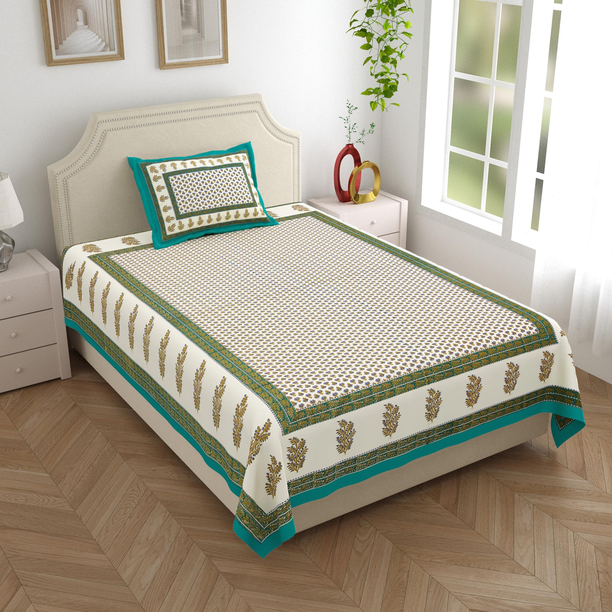 Green Floral with golden Print 210 TC Pure Cotton Single Bedsheet with 1 Pillow Cover