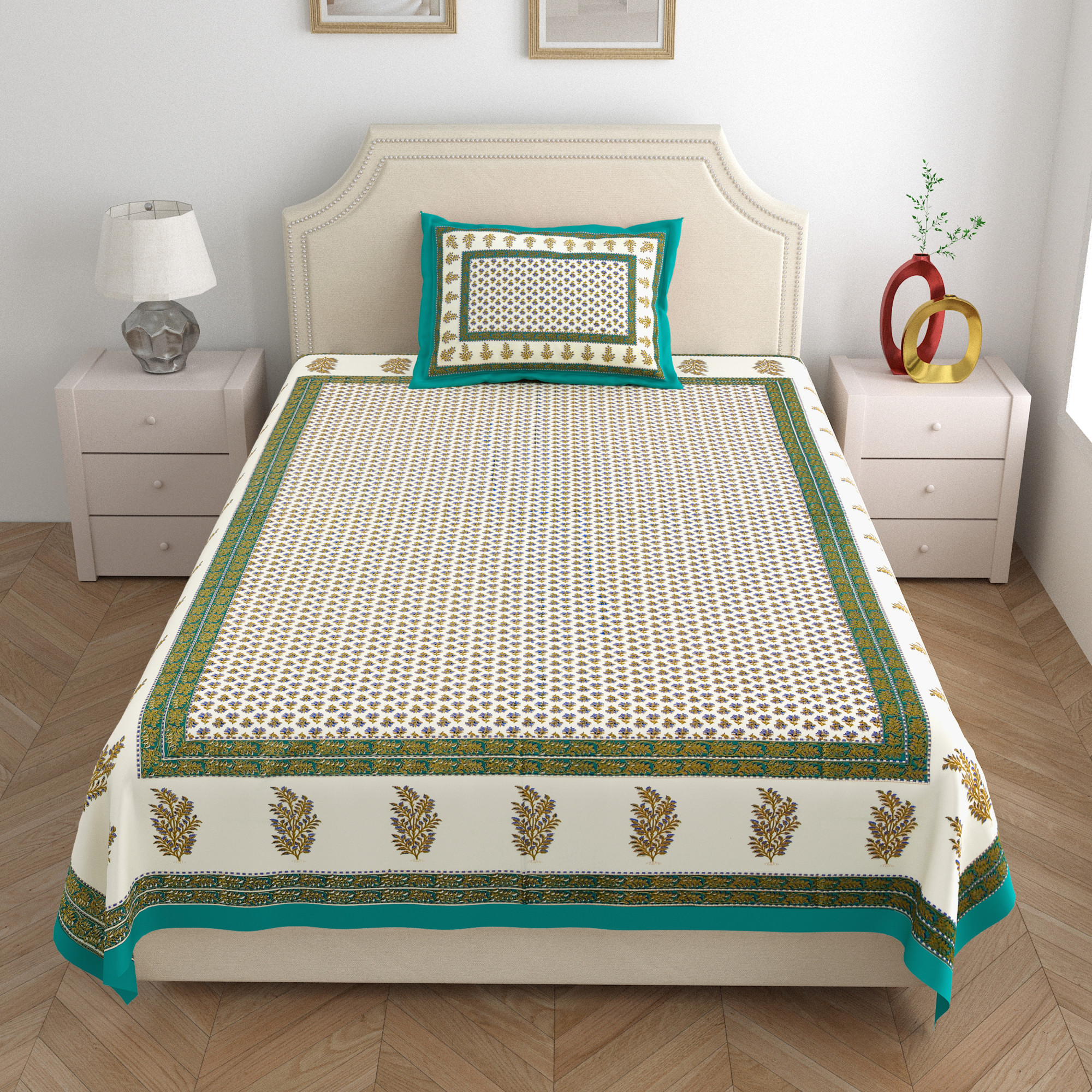 Green Floral with golden Print 210 TC Pure Cotton Single Bedsheet with 1 Pillow Cover