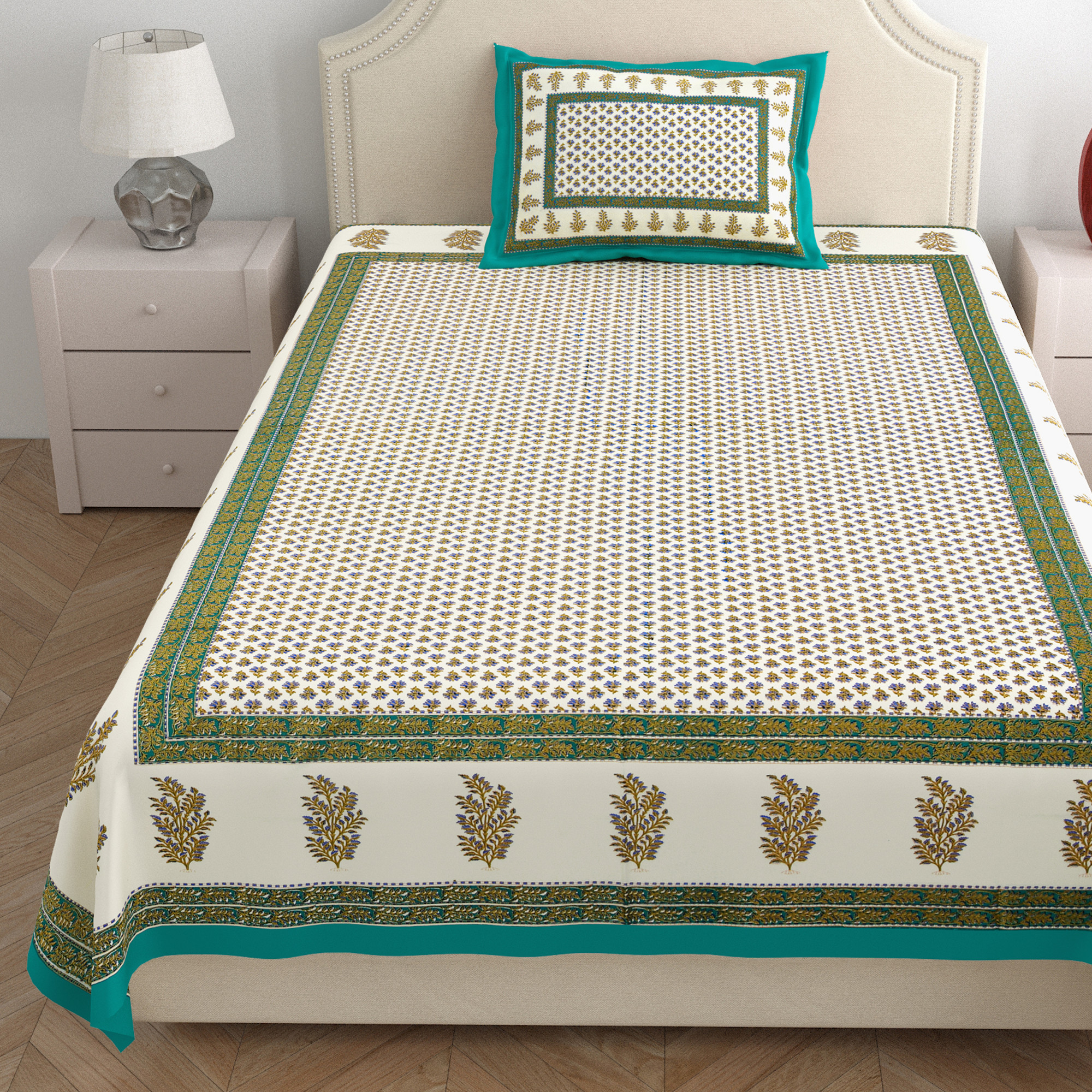 Green Floral with golden Print 210 TC Pure Cotton Single Bedsheet with 1 Pillow Cover