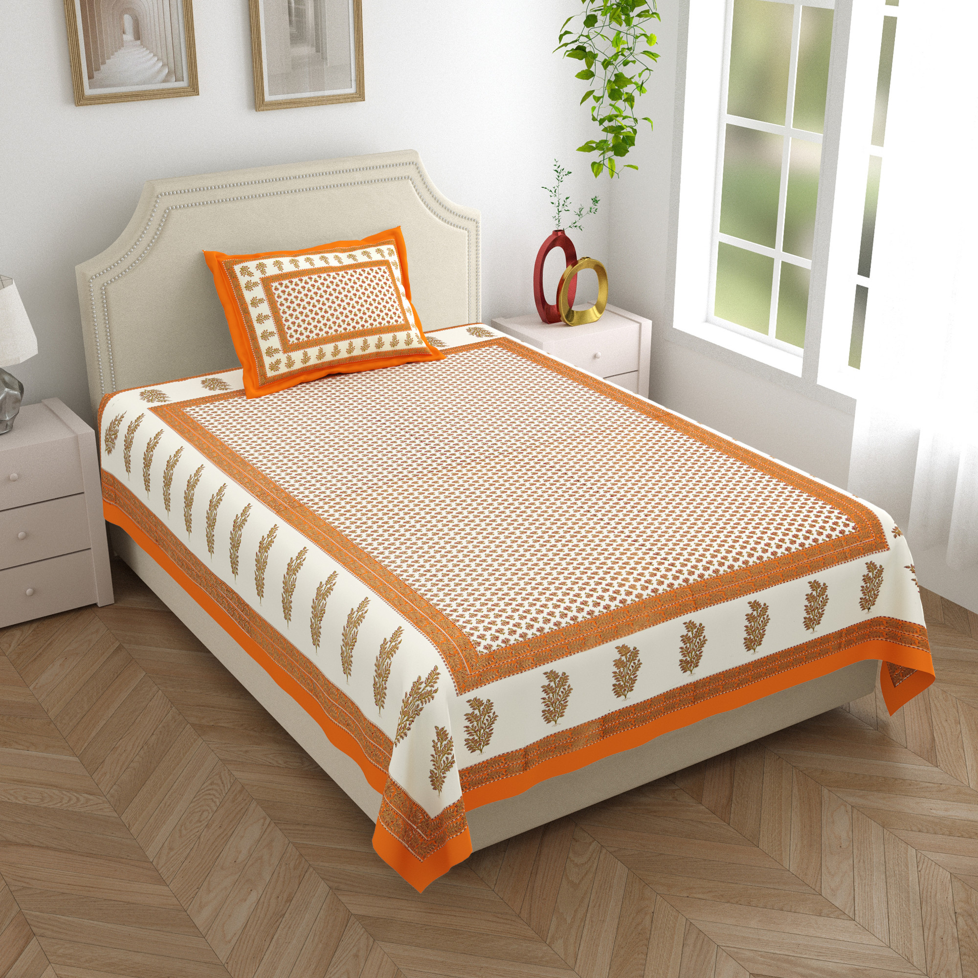 Green Floral with golden Print 210 TC Pure Cotton Single Bedsheet with 1 Pillow Cover