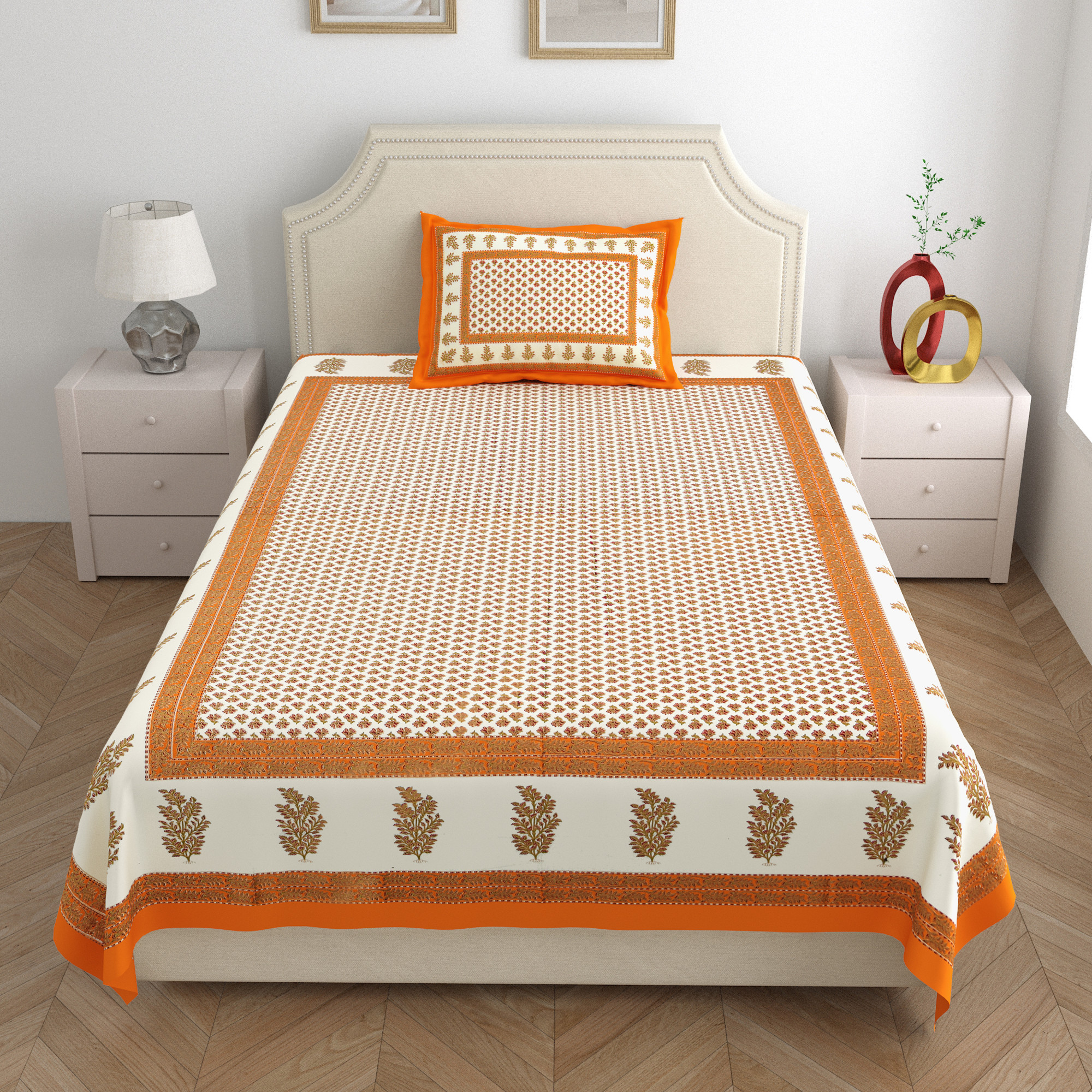 Green Floral with golden Print 210 TC Pure Cotton Single Bedsheet with 1 Pillow Cover