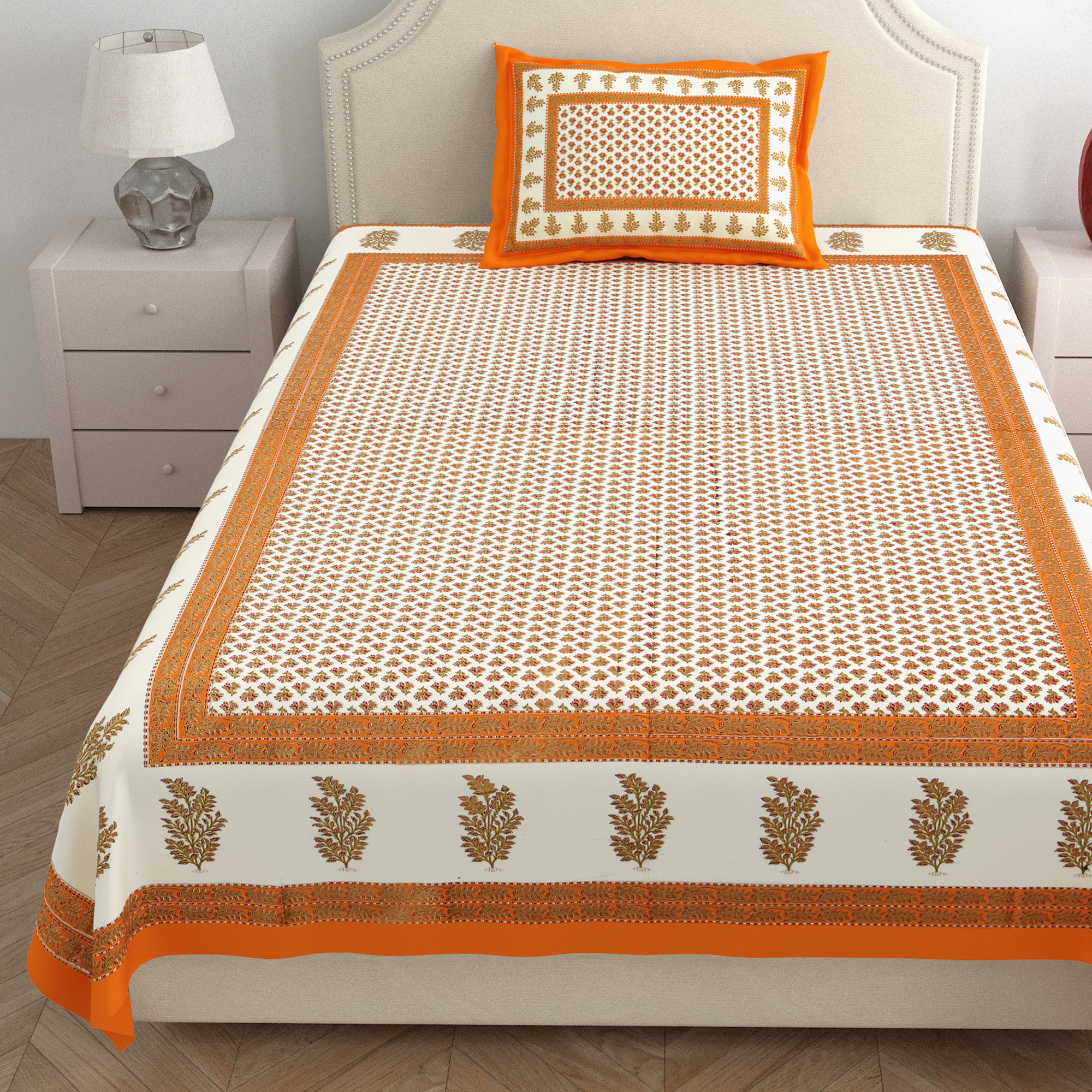 Green Floral with golden Print 210 TC Pure Cotton Single Bedsheet with 1 Pillow Cover