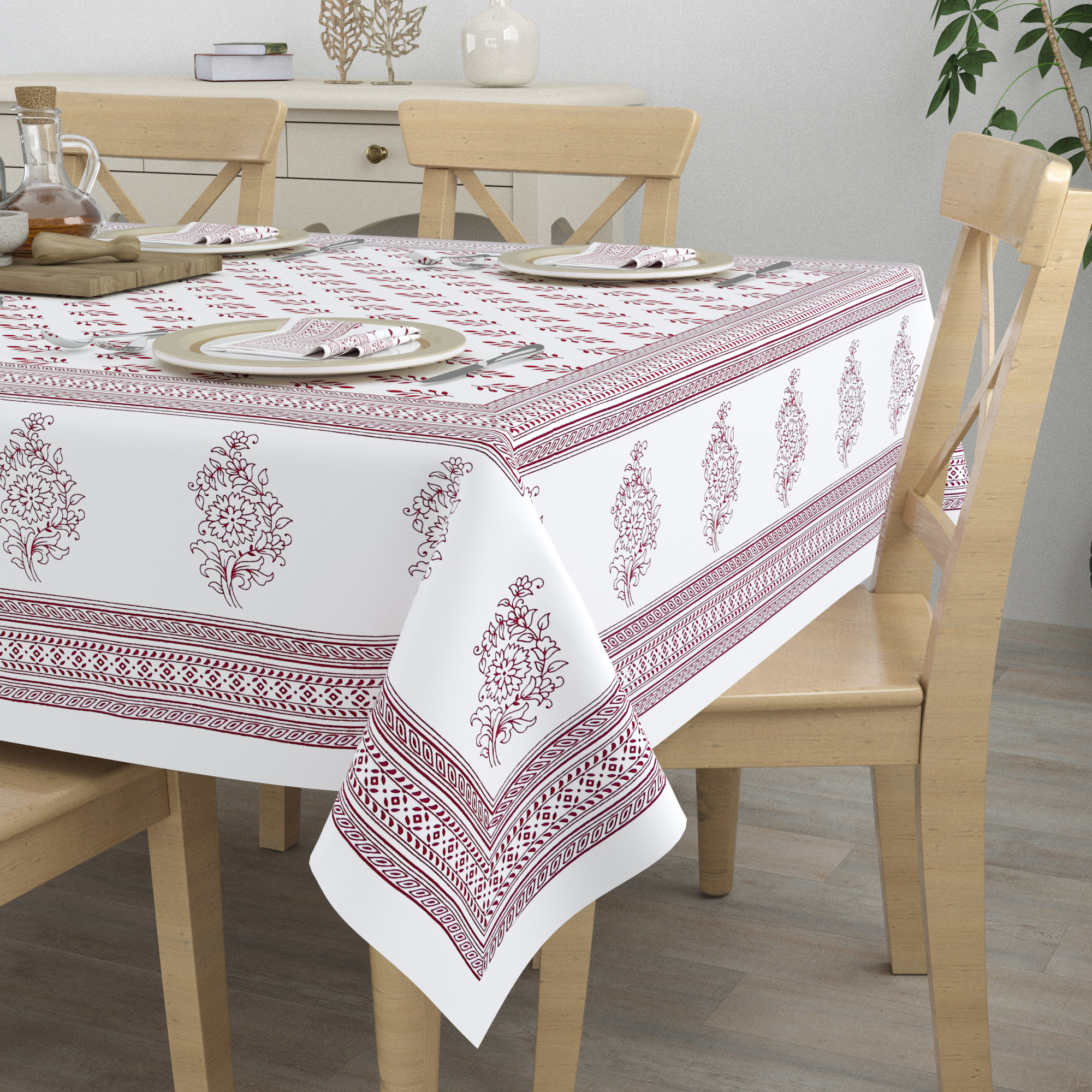 Maroon Buta 100 Cotton Hand Block Printed Table Cover With 6 Napkins for 6 Seater Dining Table 6 Napkins 1 Table Cover
