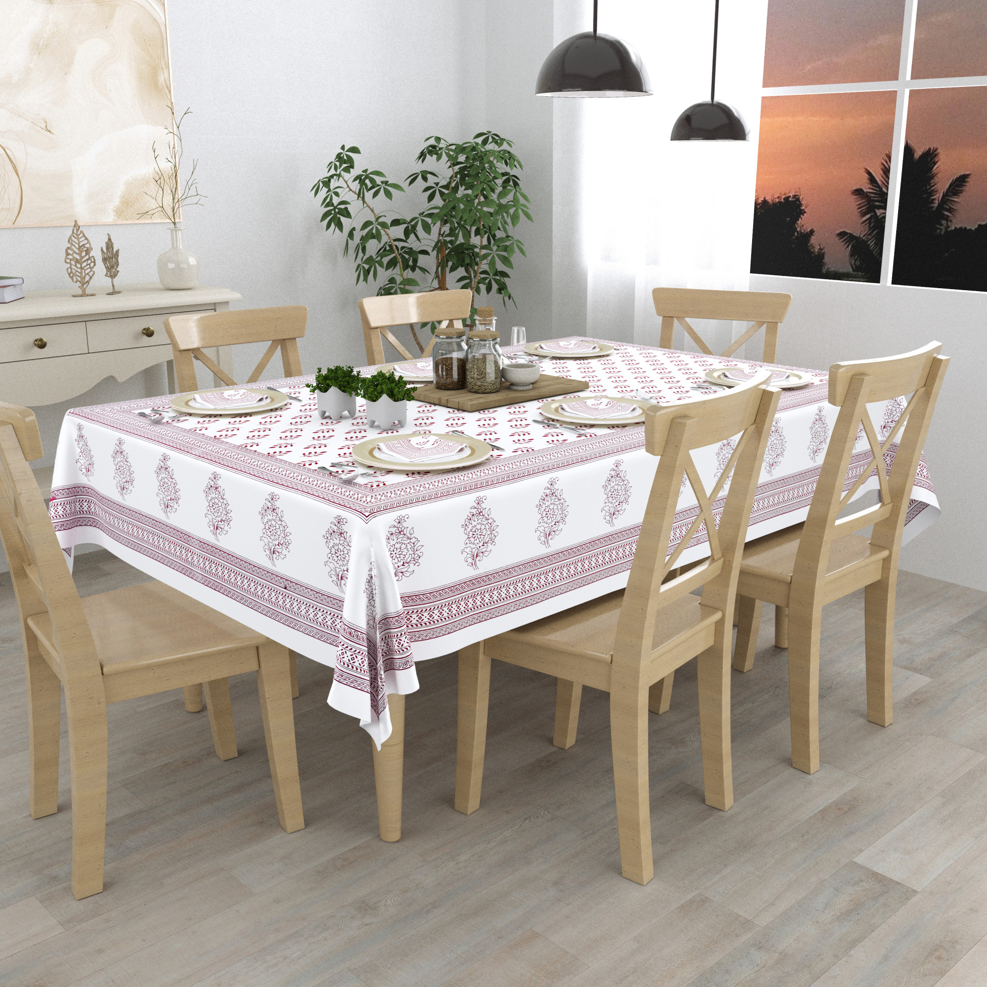 Maroon Buta 100 Cotton Hand Block Printed Table Cover With 6 Napkins for 6 Seater Dining Table 6 Napkins 1 Table Cover