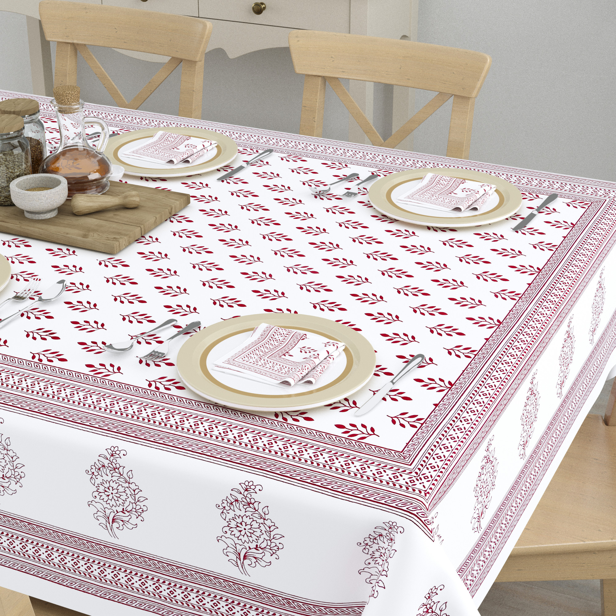 Maroon Buta 100 Cotton Hand Block Printed Table Cover With 6 Napkins for 6 Seater Dining Table 6 Napkins 1 Table Cover