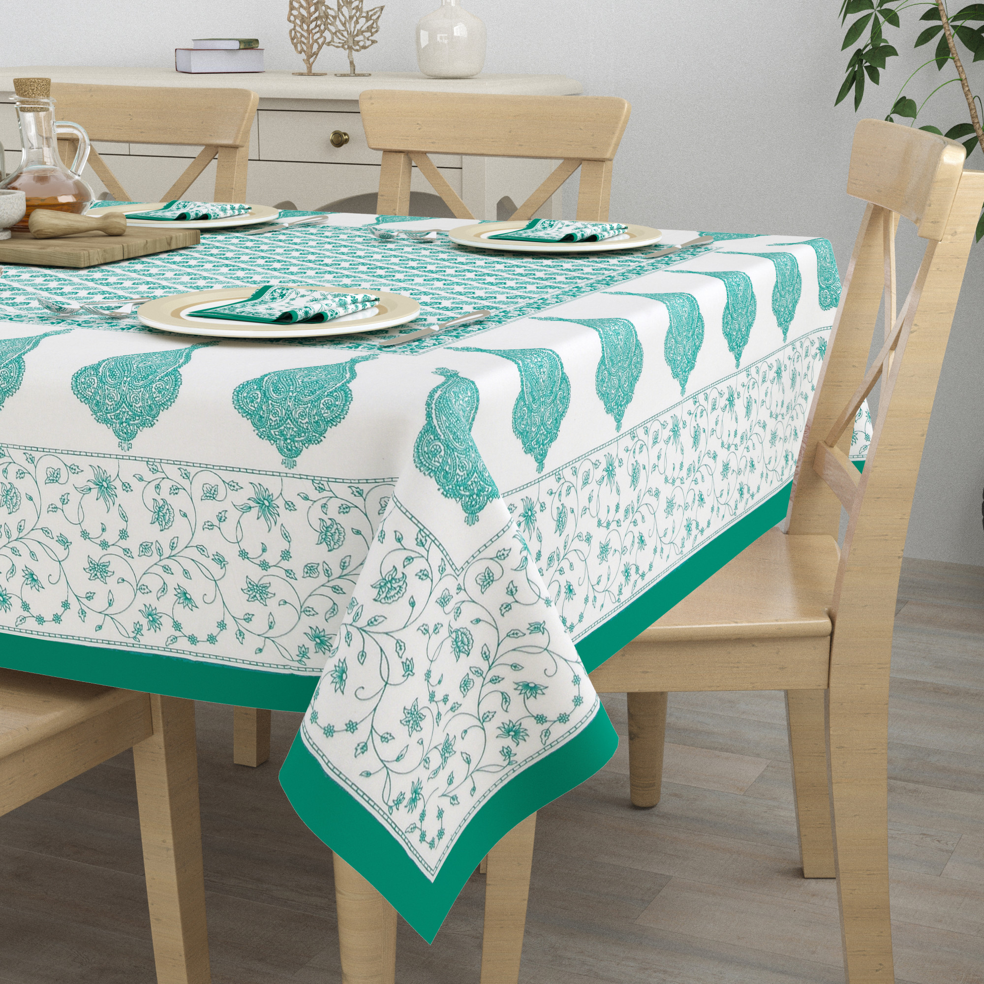 Green Ethnic Motifs 100 Cotton Hand Block Printed Table Cover With 6 Napkins for 6 Seater Dining Table 6 Napkins 1 Table Cover