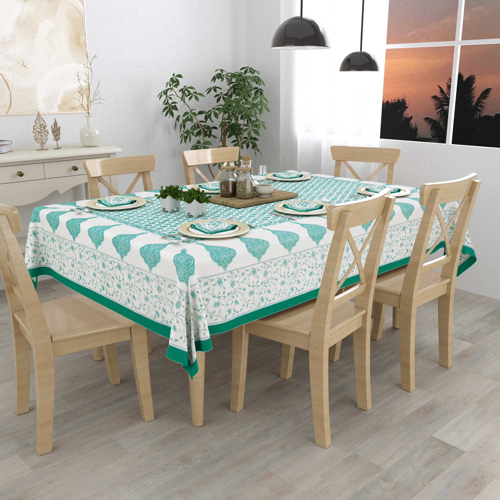 Green Ethnic Motifs 100 Cotton Hand Block Printed Table Cover With 6 Napkins for 6 Seater Dining Table 6 Napkins 1 Table Cover