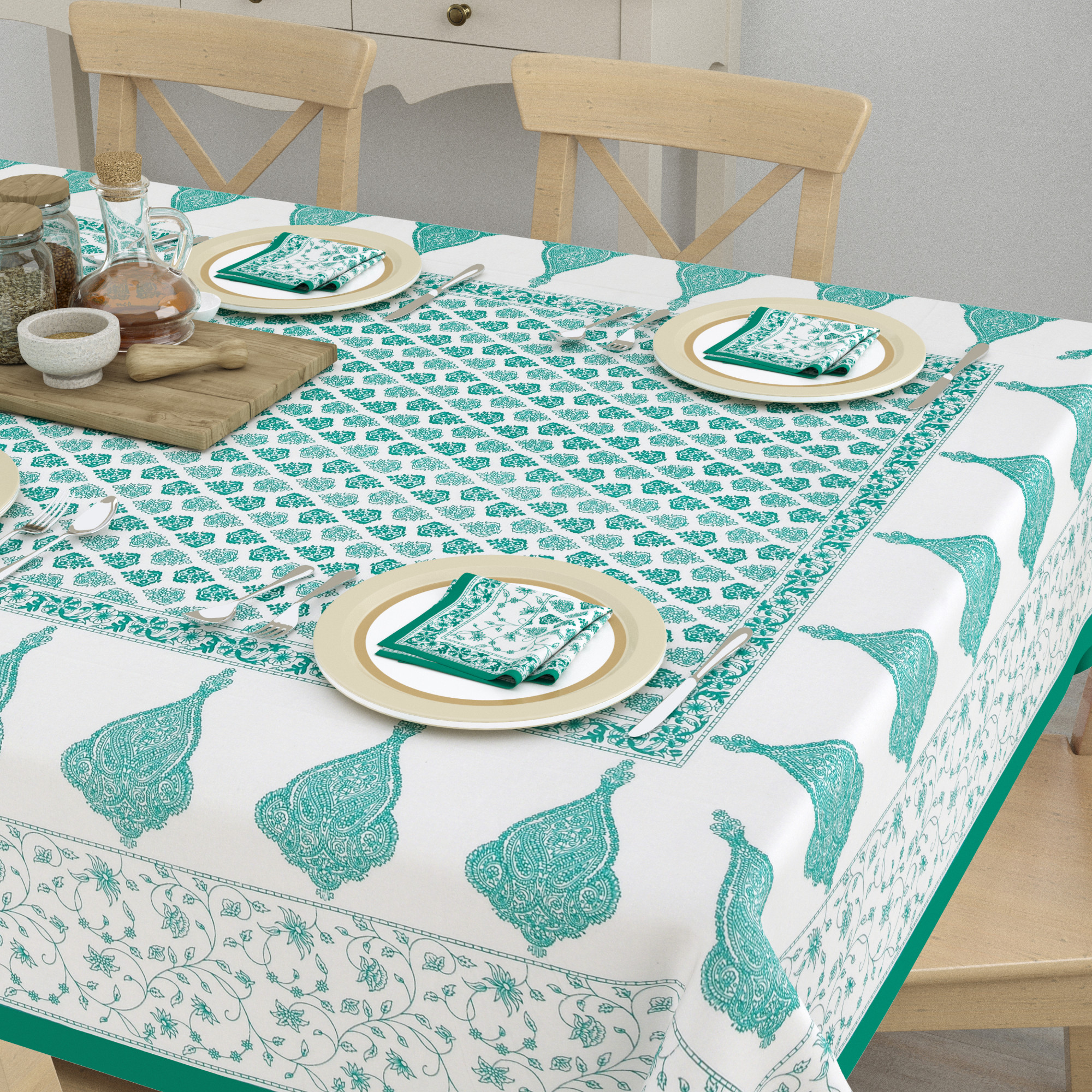 Green Ethnic Motifs 100 Cotton Hand Block Printed Table Cover With 6 Napkins for 6 Seater Dining Table 6 Napkins 1 Table Cover