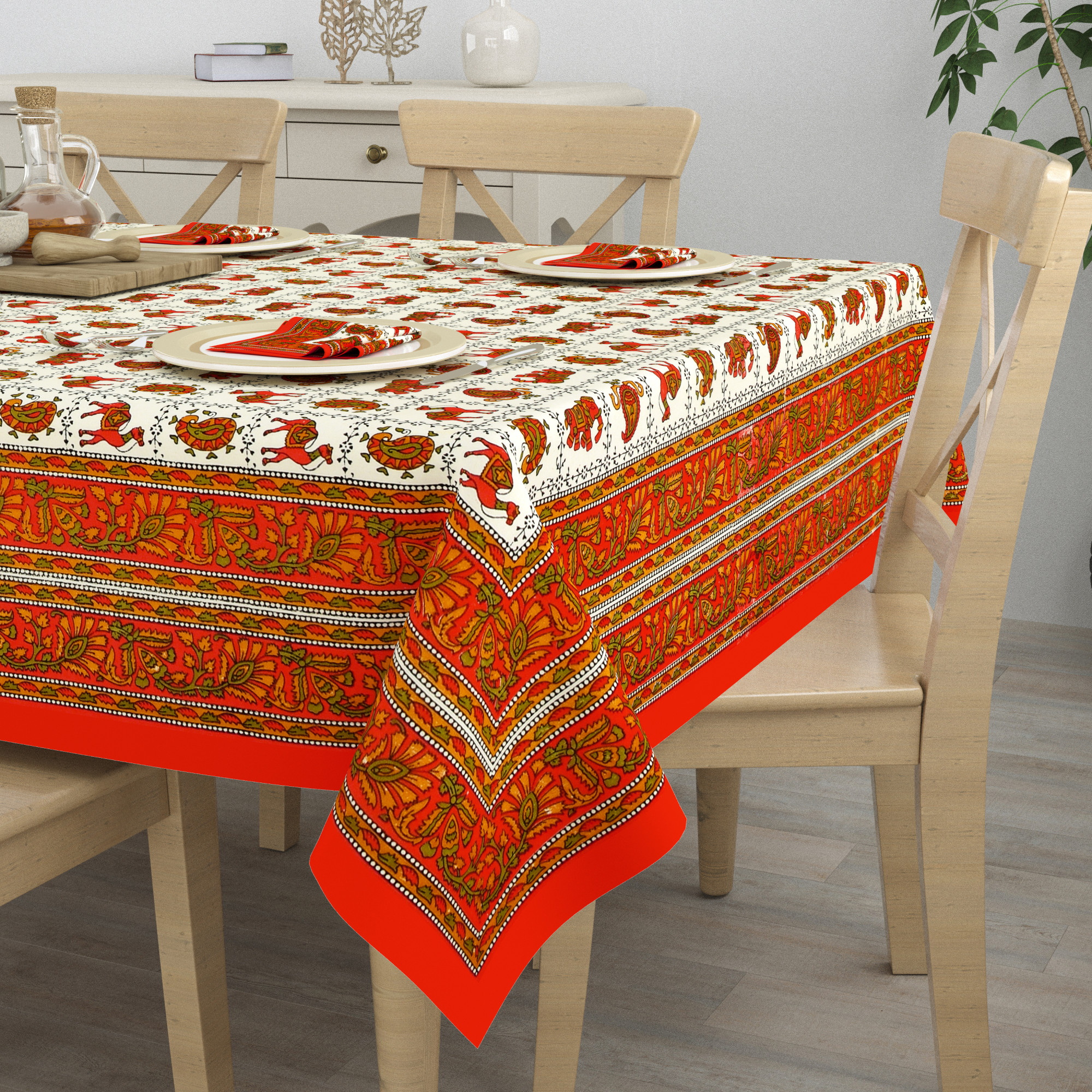 Ethnic Motifs 100 Cotton Hand Block Printed Table Cover With 6 Napkins for 6 Seater Dining Table 6 Napkins 1 Table Cover