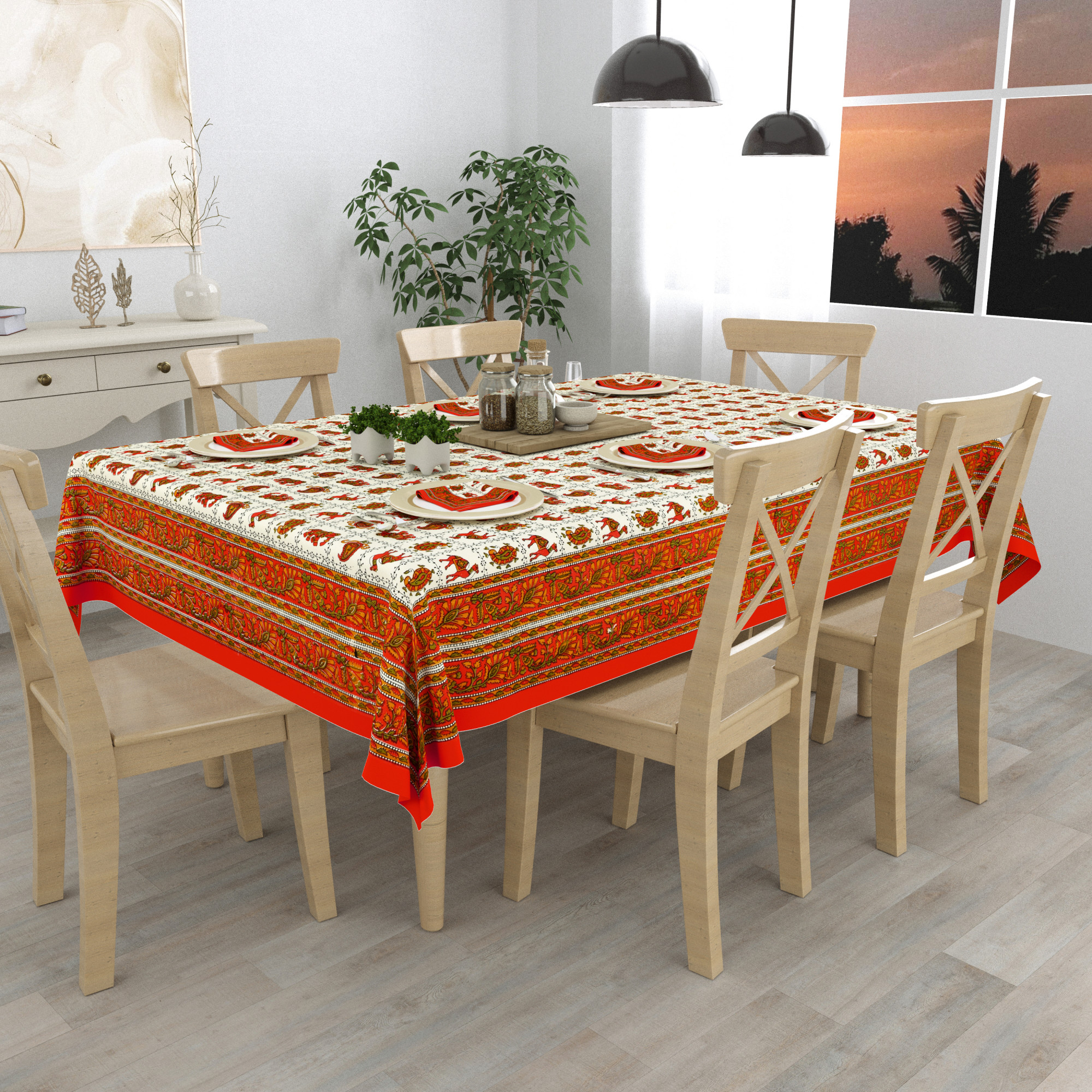 Ethnic Motifs 100 Cotton Hand Block Printed Table Cover With 6 Napkins for 6 Seater Dining Table 6 Napkins 1 Table Cover