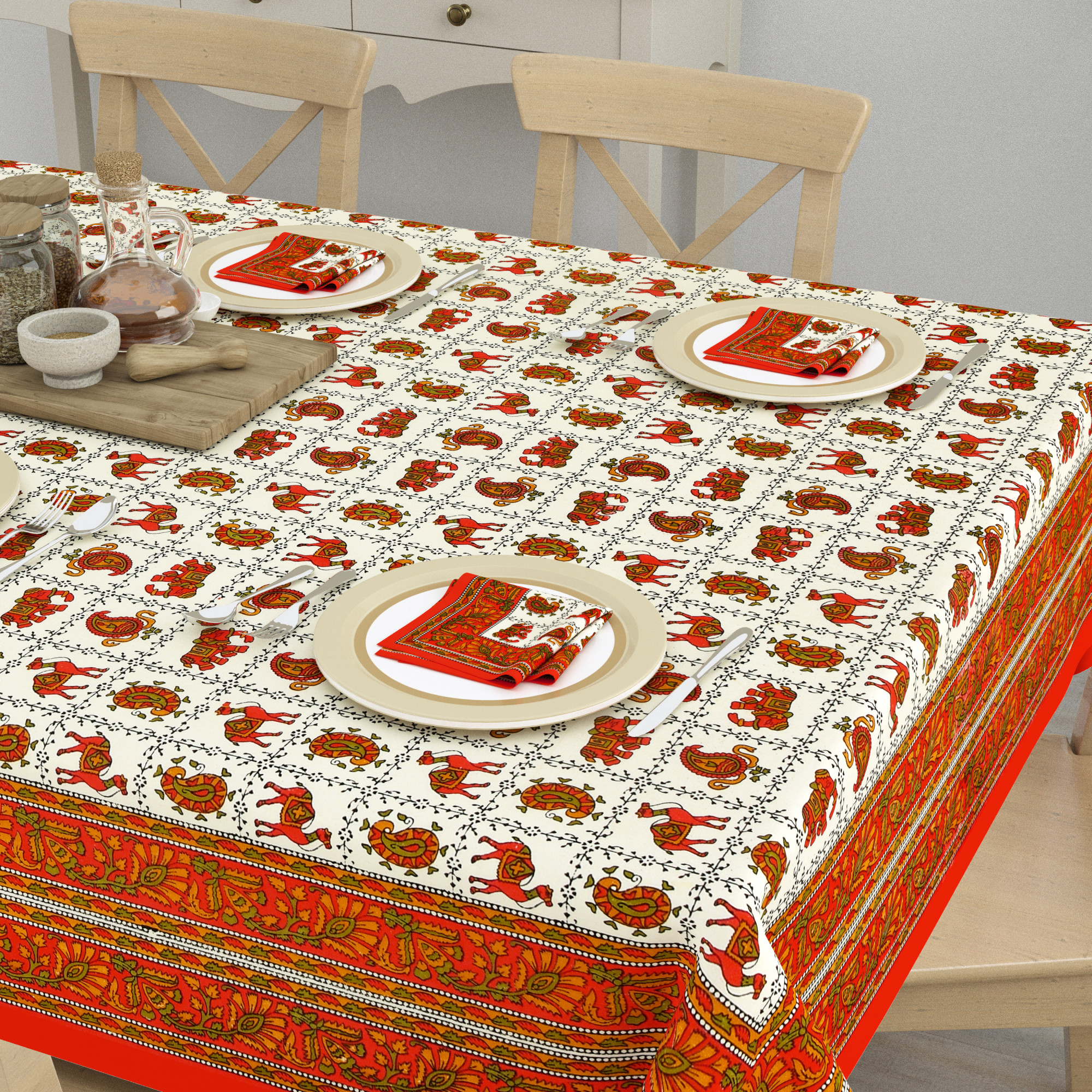 Ethnic Motifs 100 Cotton Hand Block Printed Table Cover With 6 Napkins for 6 Seater Dining Table 6 Napkins 1 Table Cover