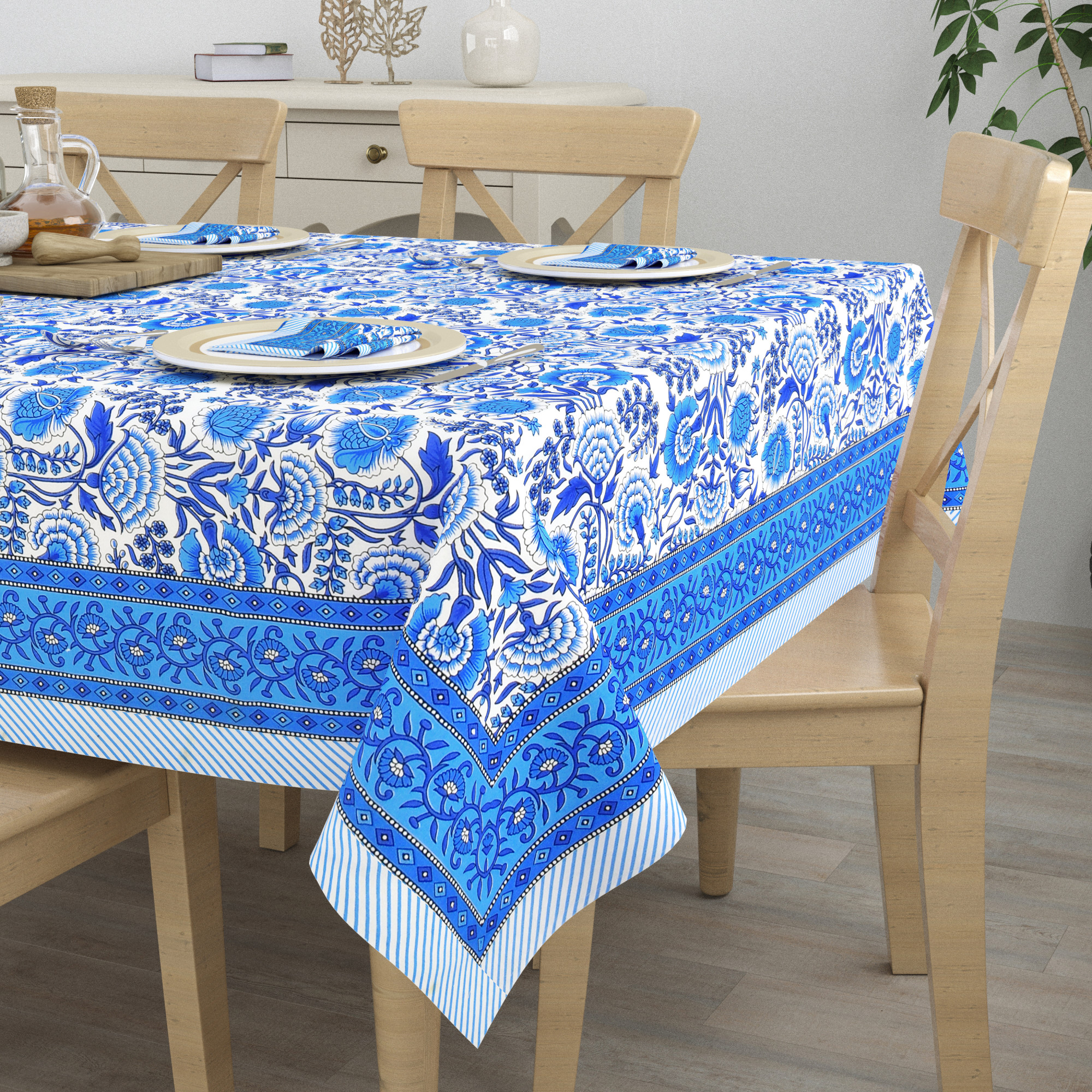 Blue Floral Cotton Hand Block Printed Table Cover With 6 Napkins for 6 Seater Dining Table 6 Napkins 1 Table Cover