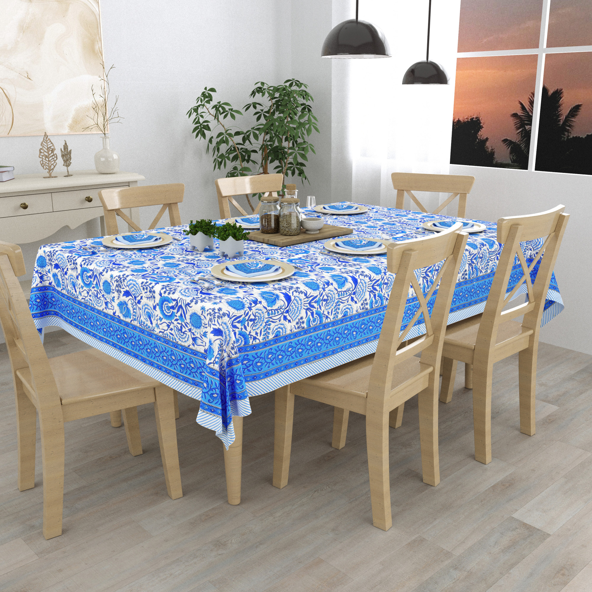 Blue Floral Cotton Hand Block Printed Table Cover With 6 Napkins for 6 Seater Dining Table 6 Napkins 1 Table Cover